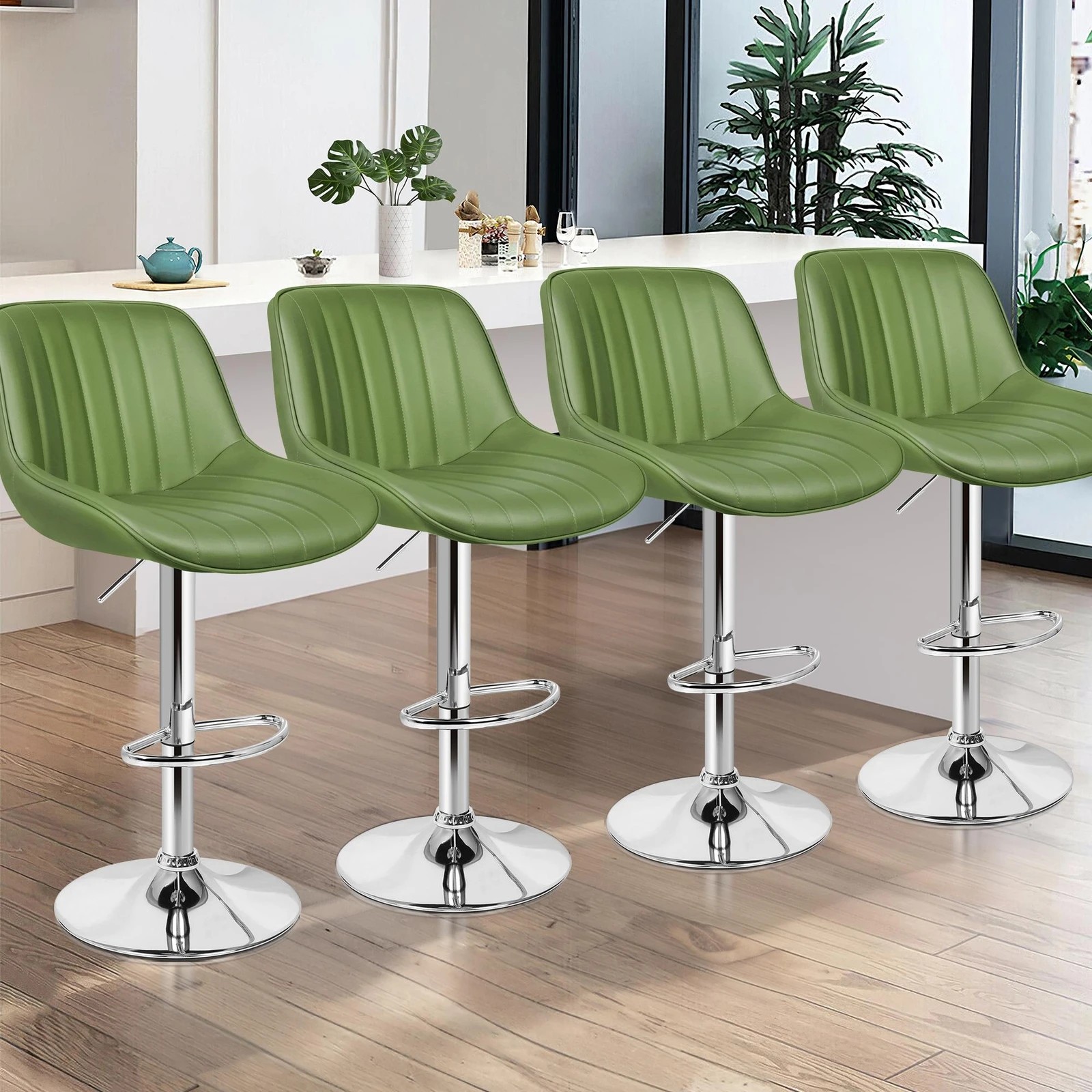 2 Alfordson 4x Bar Stools Gas Lift Leather Bar Chairs Kitchen Swivel - Green, 2 of 10