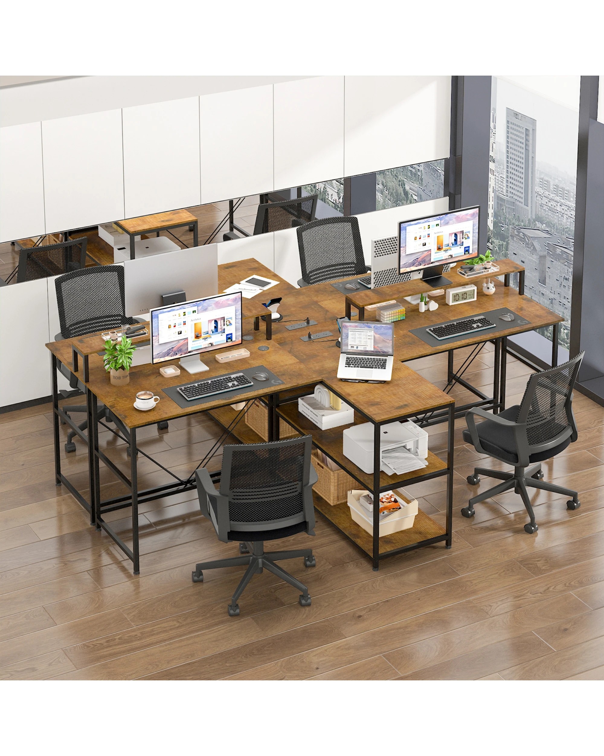 2 Advwin 236cm 2 Person LED Gaming  Computer Desks w/ Power Outlets - Brown, 2 of 9