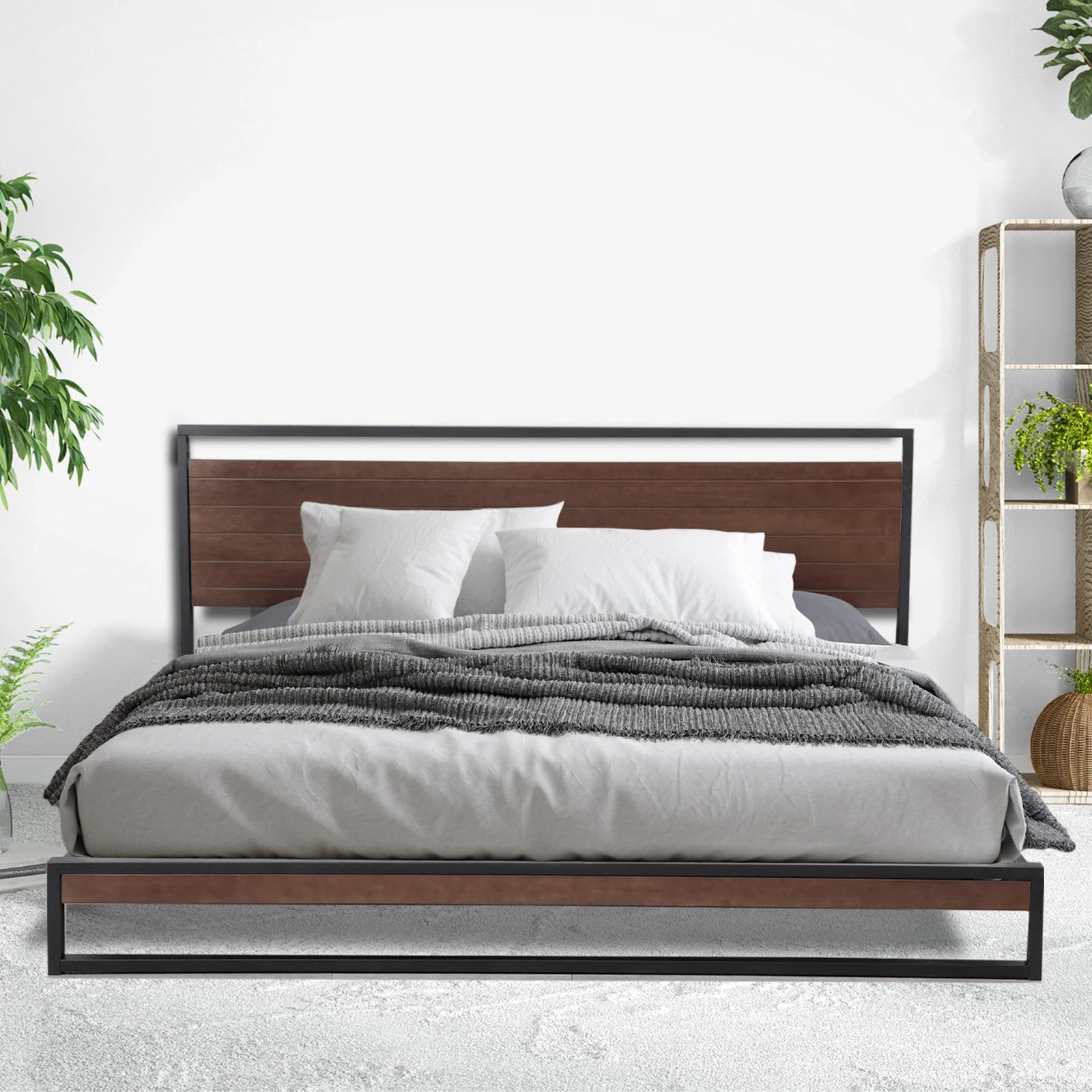 1 Milano Décor Azure Bed Frame With Headboard Wood Steel Platform Bed - Black, 1 of 9
