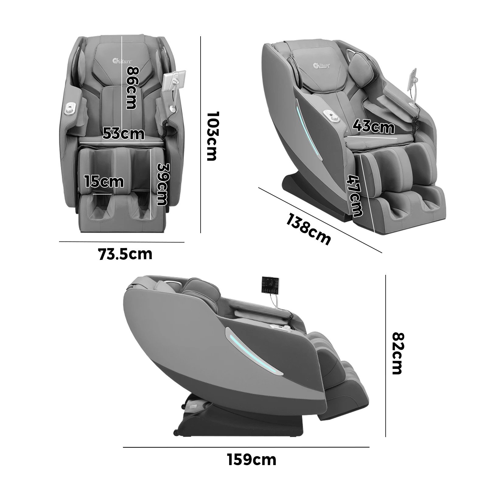 2 Oikiture Electric Massage Chair Heated Recliner Zero Gravity Full Body Massager - Grey, 2 of 6