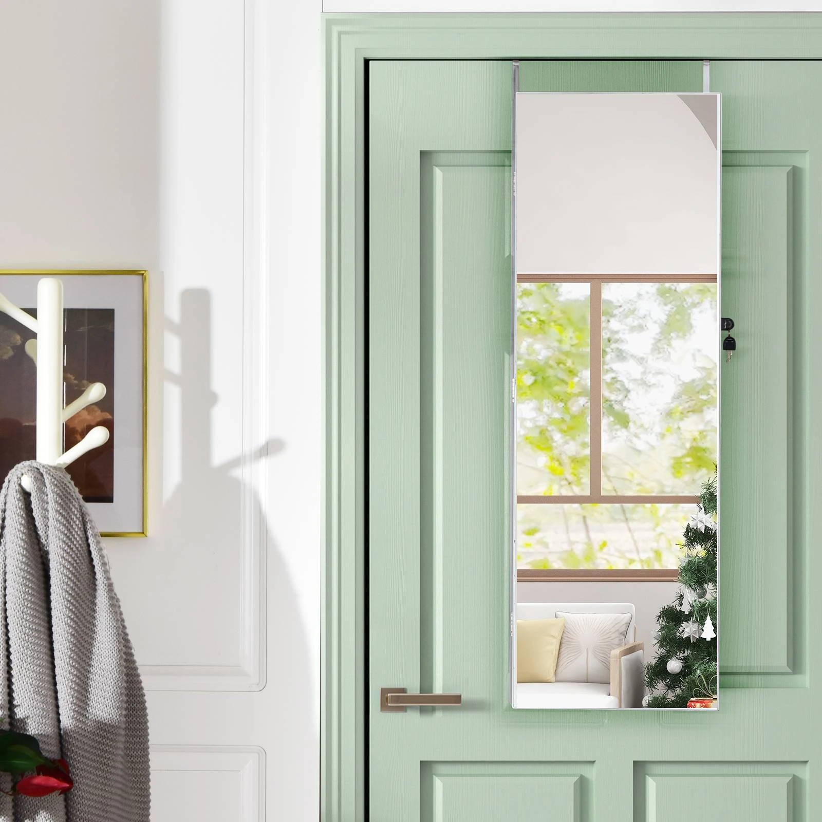 4 Costway Mirrored LED Jewellery Cabinet Wall/Door Mounted Jewelry Armoire w/2 Drawers Box Organizer - White, 4 of 4