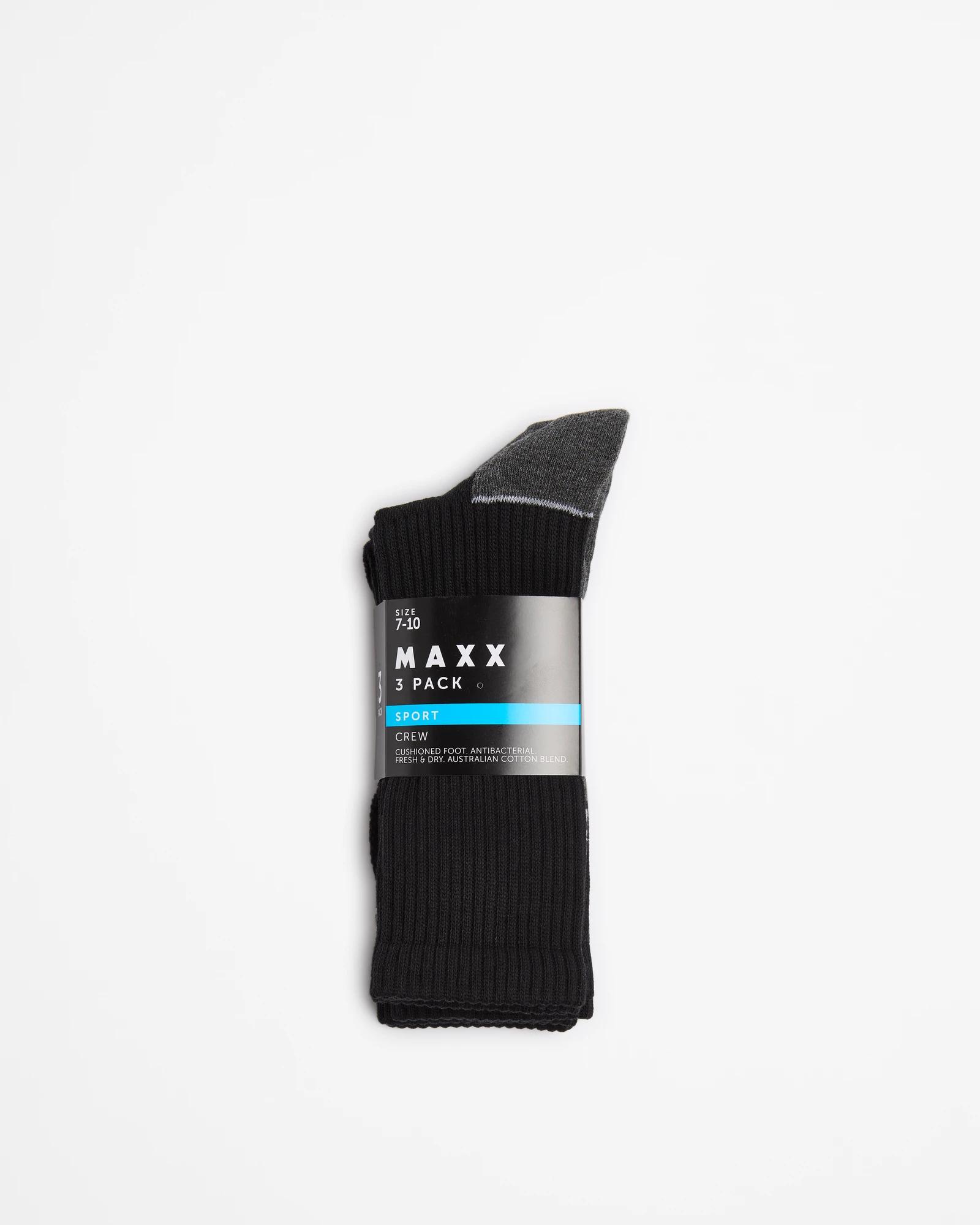 3 Australian Cotton Blend 3 Pack Sport Crew Cut Socks - Maxx BLACK, 3 of 3
