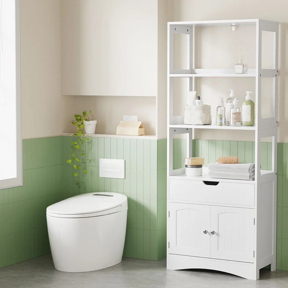 1 Artiss Bathroom Floor Storage Cabinet with 2 Drawers 3 Open Shelves 2 Doors - White, 1 of 8