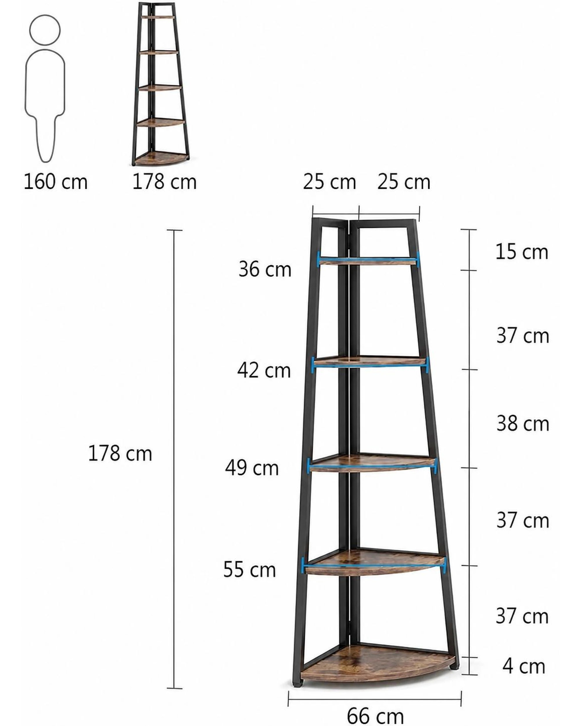 5 OAKORY 178cm Corner Shelf 5 Tier Storage Rack Bookcase Plant Stand Brown, 5 of 6