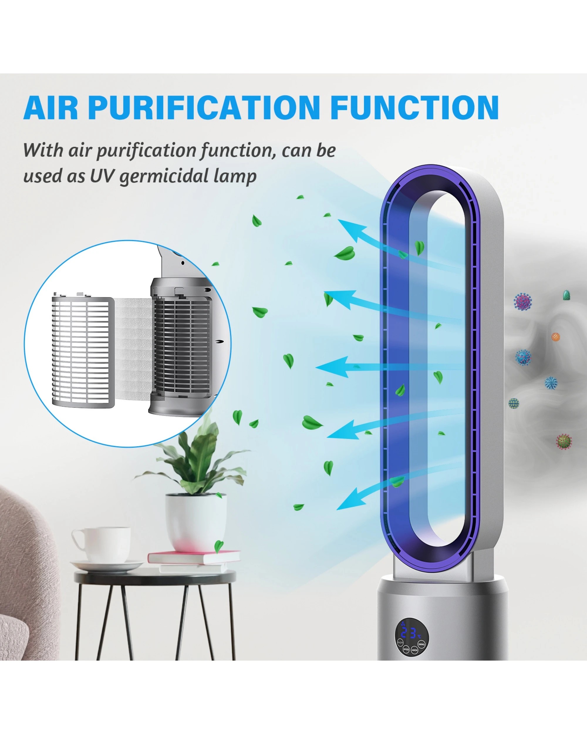 5 Advwin Bladeless Tower Fan Portable Electric Standing Floor Fan Air Circulator With Remote 24-Speeds Adjustable, 5 of 8