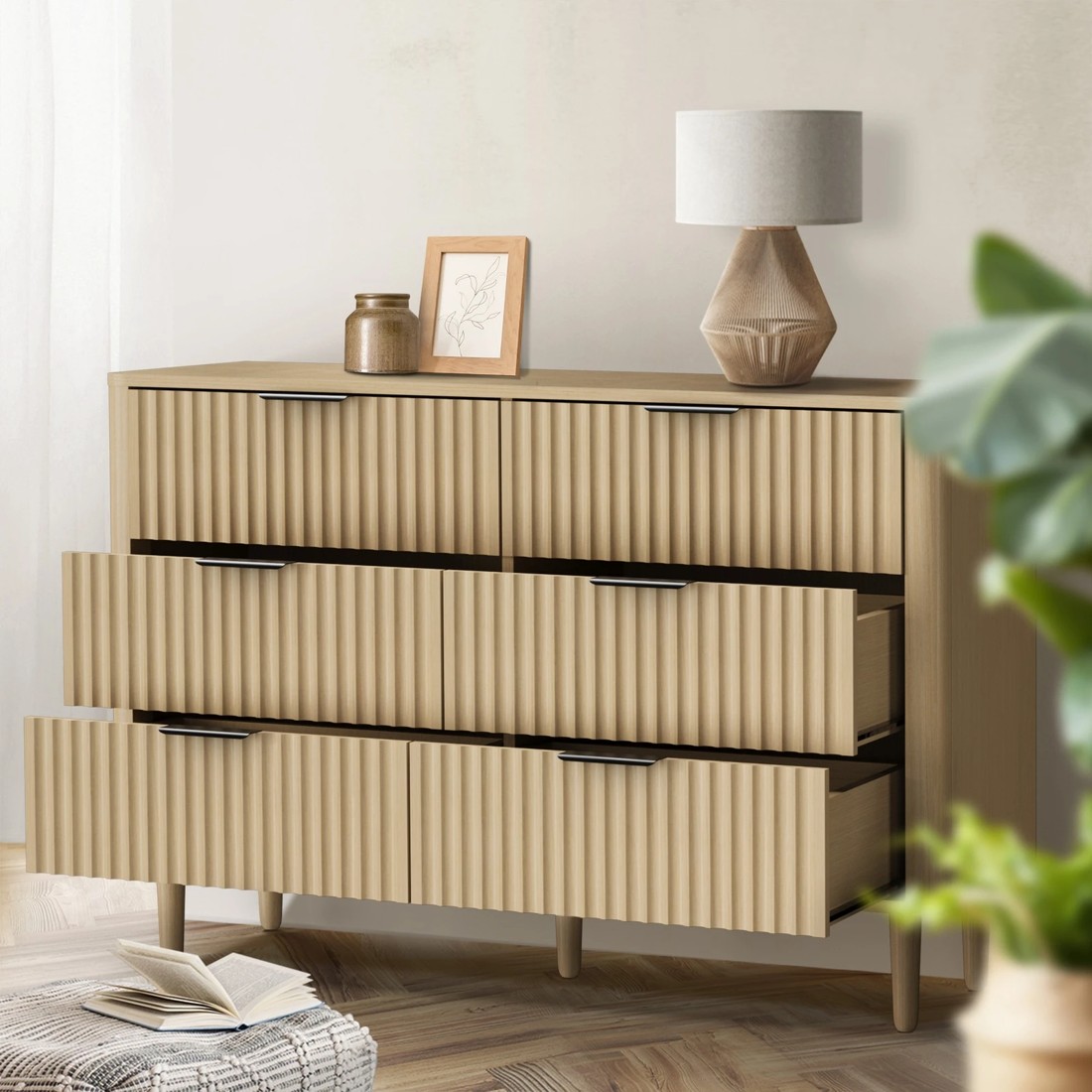 3 Oikiture 6 Chest Of Drawers Storage Cabinet Dressers Lowboy Stripe
 - Natural, 3 of 10