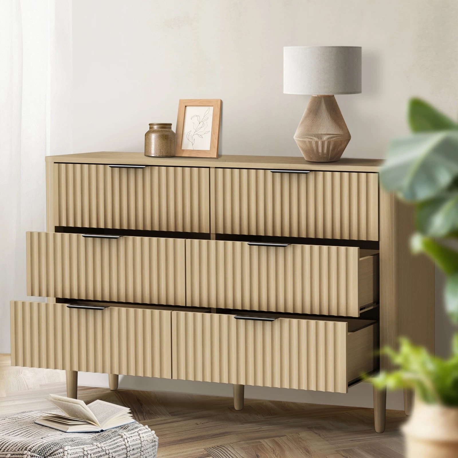 3 Oikiture 6 Chest Of Drawers Storage Cabinet Dressers Lowboy Stripe
 - Natural, 3 of 9