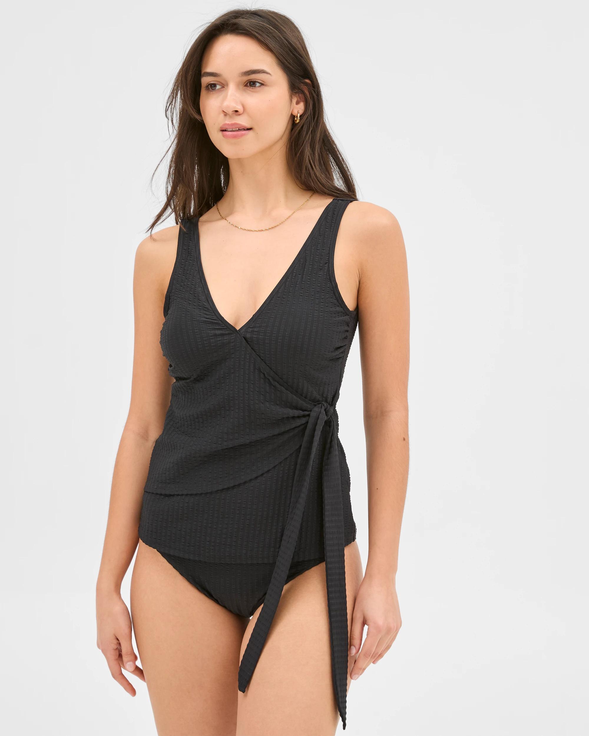 1 Target Seersucker Plunge Wrap Tankini Swim Top - Shape Your Body BLACK, 1 of 4