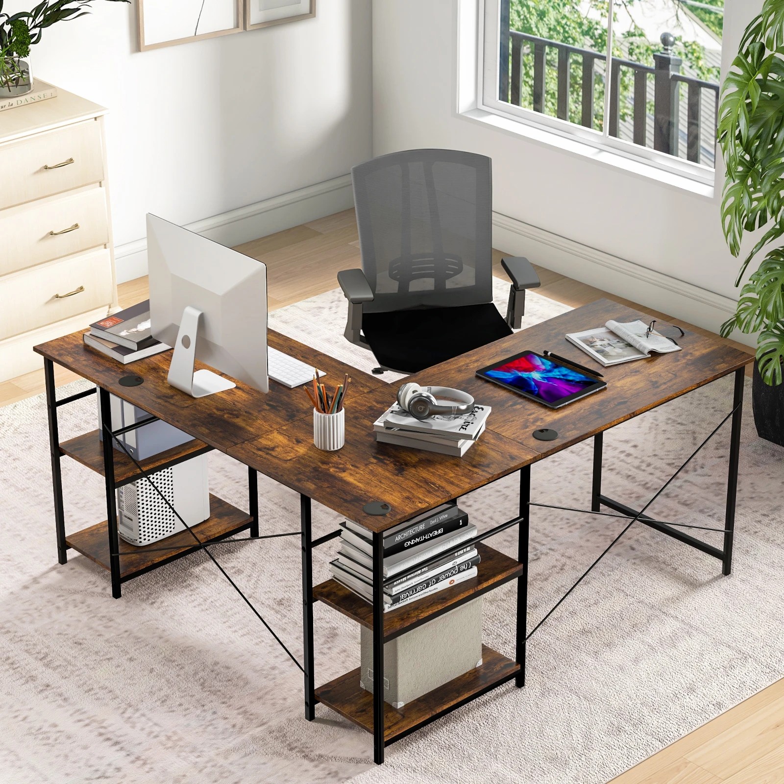 4 Costway L-shaped Computer Desk 2-Person Convertible Corner Desk w/Storage Shelves, 4 of 4