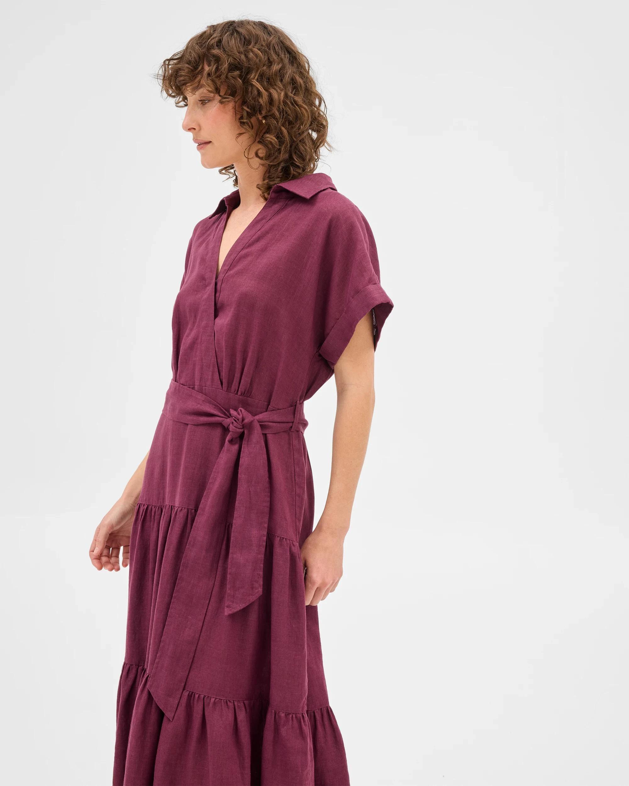 2 Target Woman European Linen Tiered Wrap Midi Dress MAUVE WINE, 2 of 6