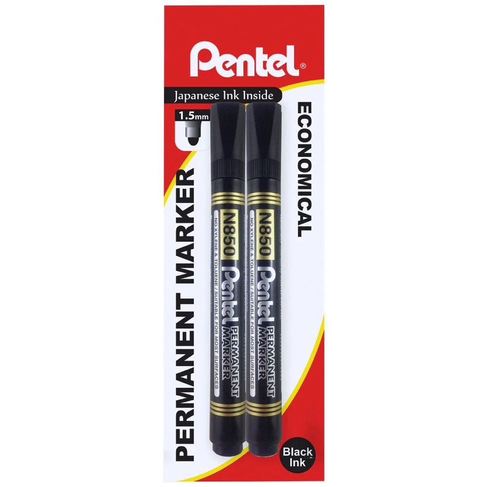 1 Pentel N850 Permanent Markers Black 2 Pack, 1 of 3