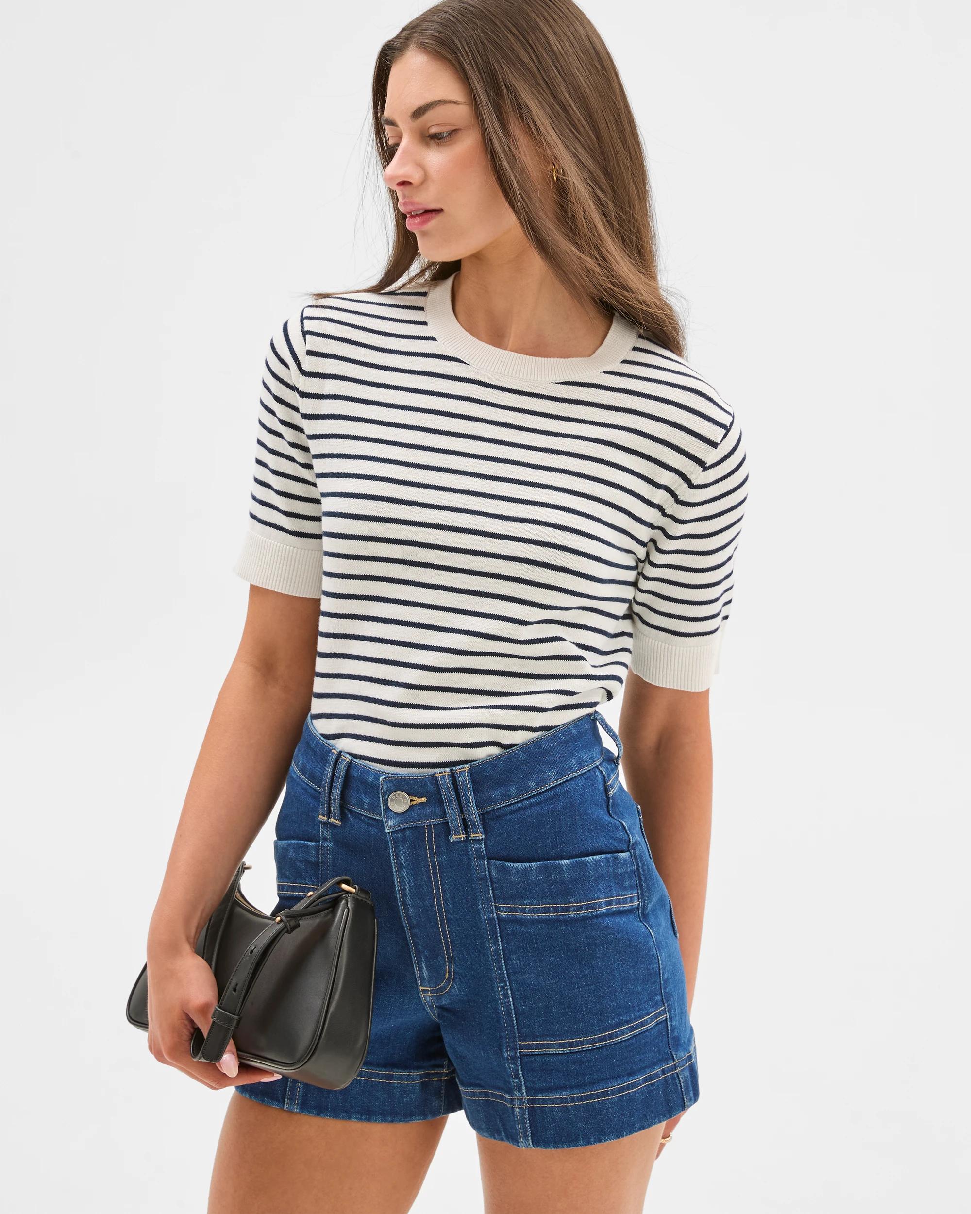 1 Target Petites Australian Cotton-linen Knit Cropped T-shirt, White/navy Stripe WHITE / NAVY, 1 of 6