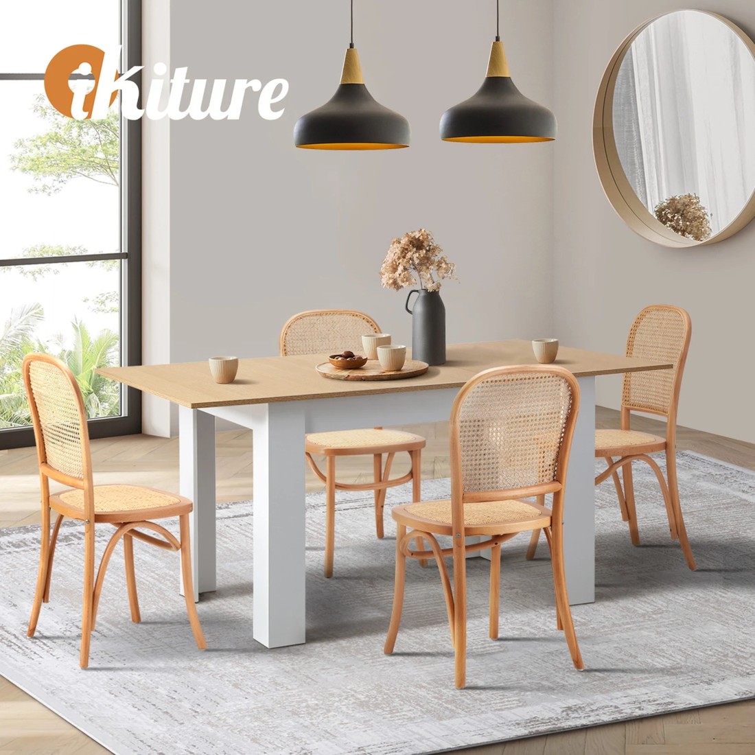 6 Oikiture 160cm Extendable Dining Table with 4PCS Dining Chairs Rattan - Natural, 6 of 9