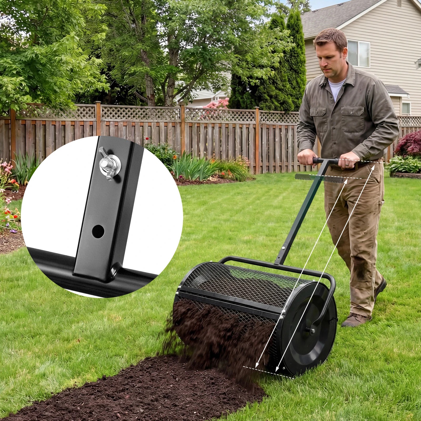 3 Costway Compost Spreader 61cm Peat Moss Spreader Roller w/Adjustable Handle Metal Mesh Basket - Black, 3 of 5