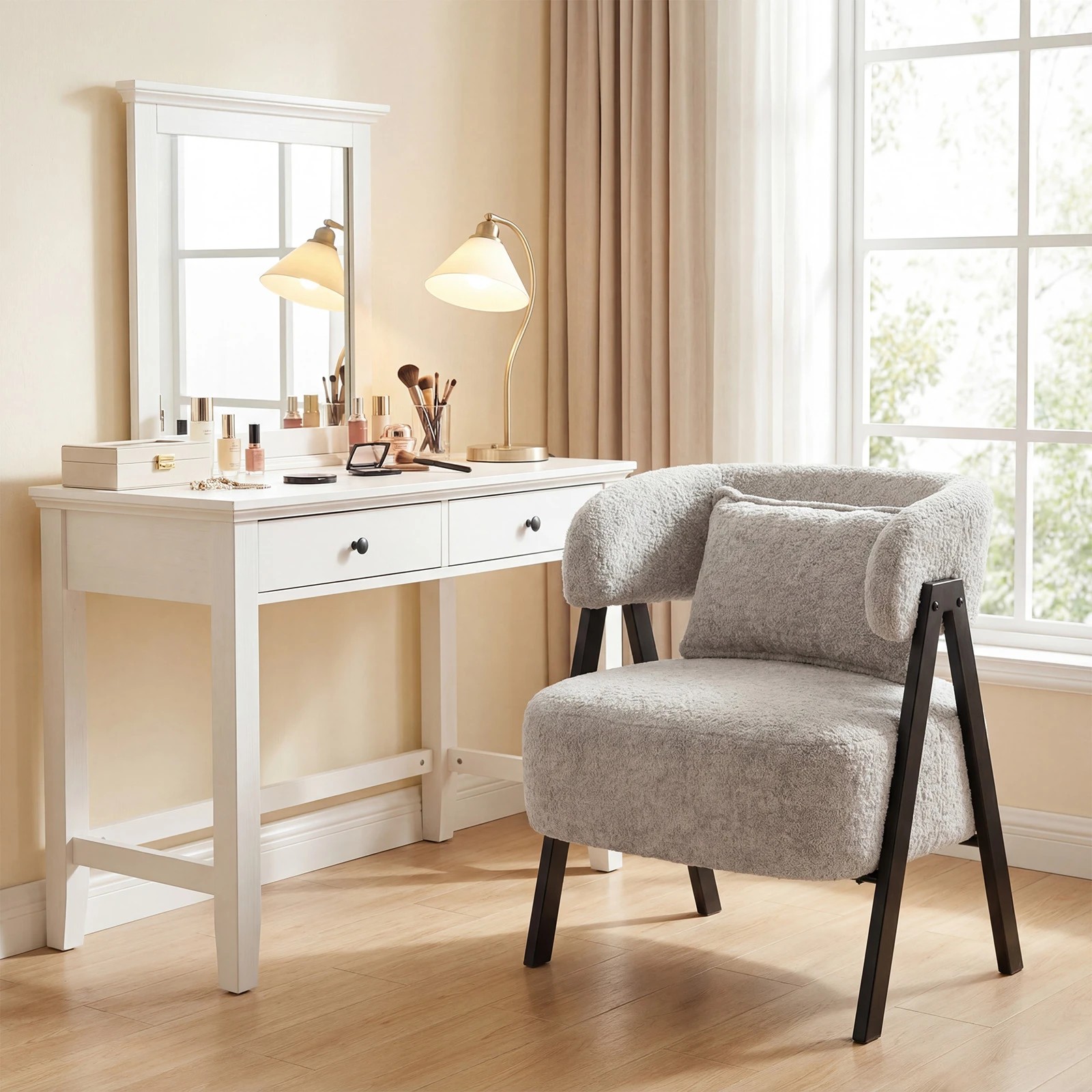 3 Costway Accent Chair Faux Rabbit Fur Armchair Upholstered Leisure Chair w/Lumbar Pillow Home Office, 3 of 4