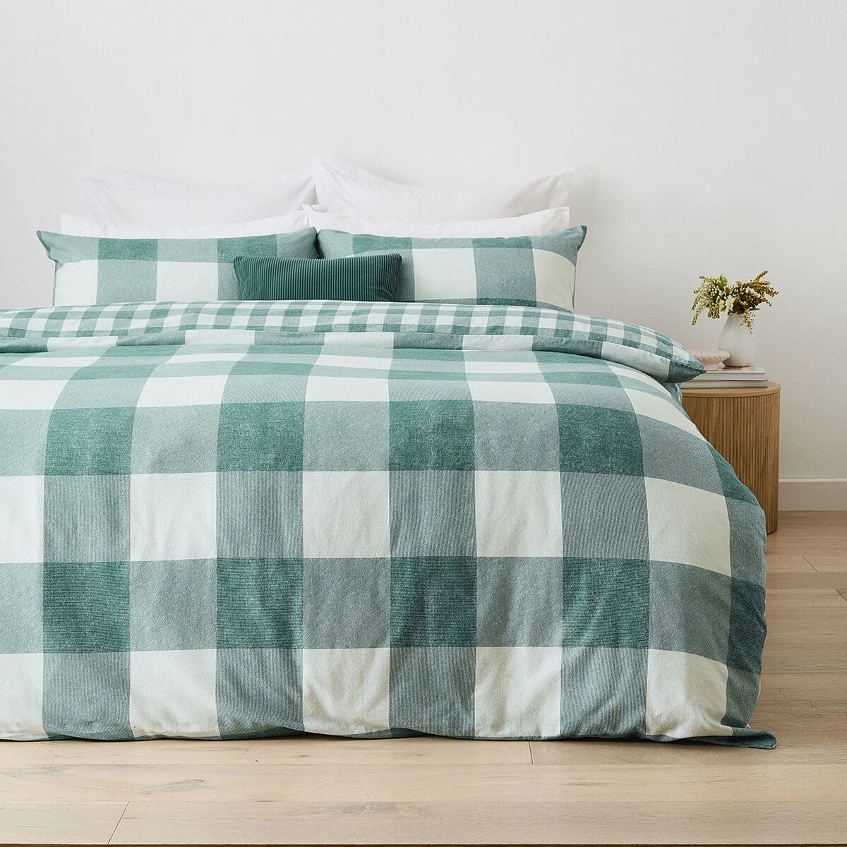 1 Check Flannelette Cotton Reversible Quilt Cover Set - Double Bed, Green, 1 of 7