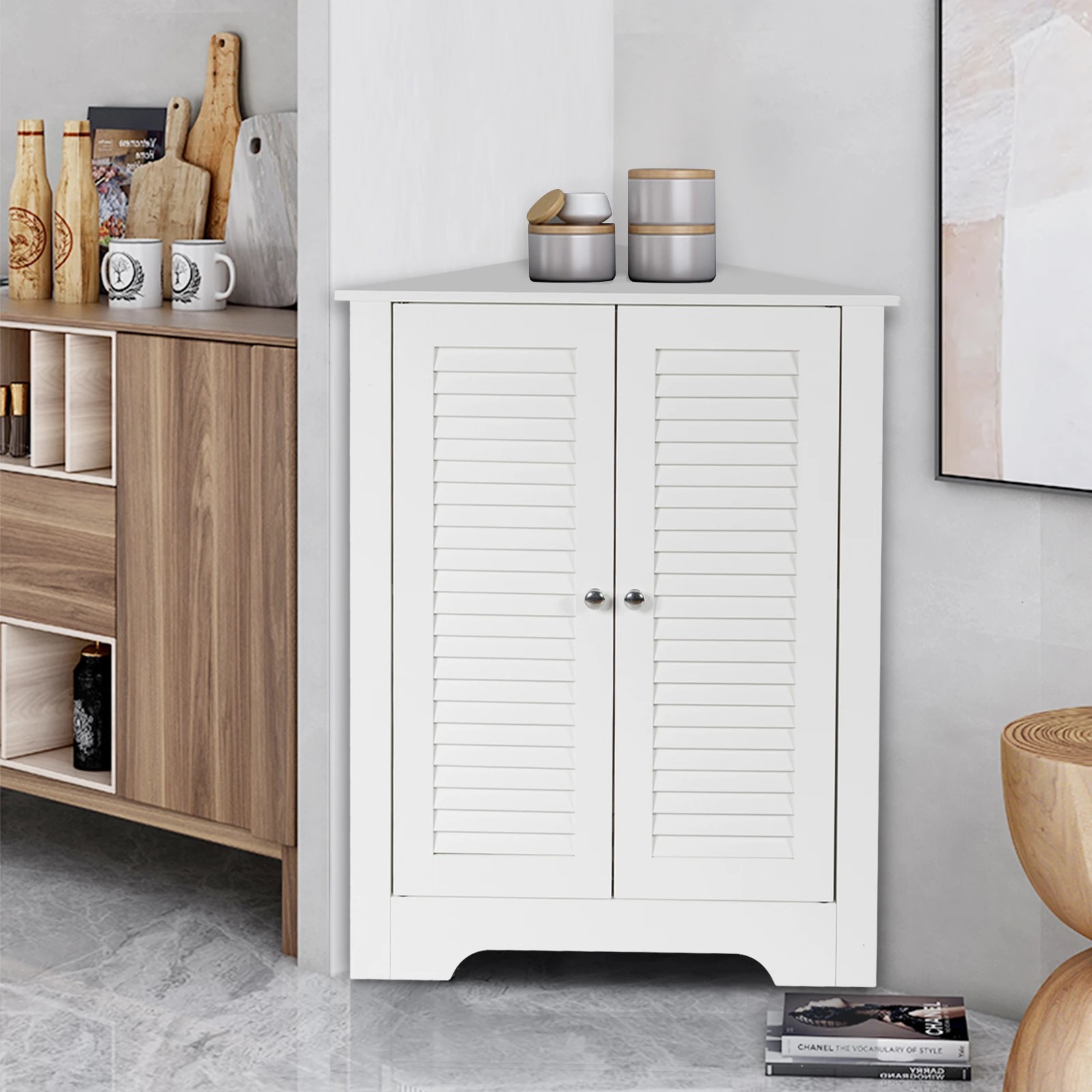 2 Costway 3-Tier Floor Storage Cabinet w/2 Shutter Door Space-saving Corner Cabinet, 2 of 2