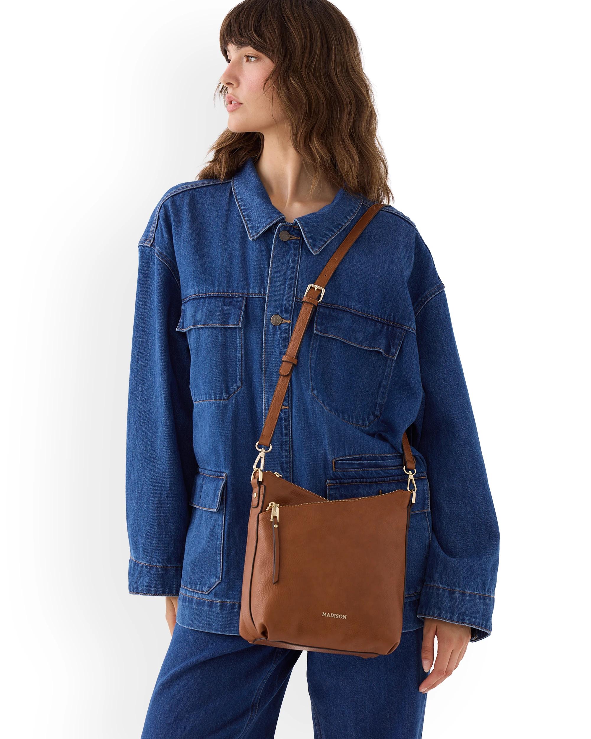 9 Madison Accessories Maya Medium Double Zip Sling Crossbody Bag DK TAN LT GOLD, 9 of 9