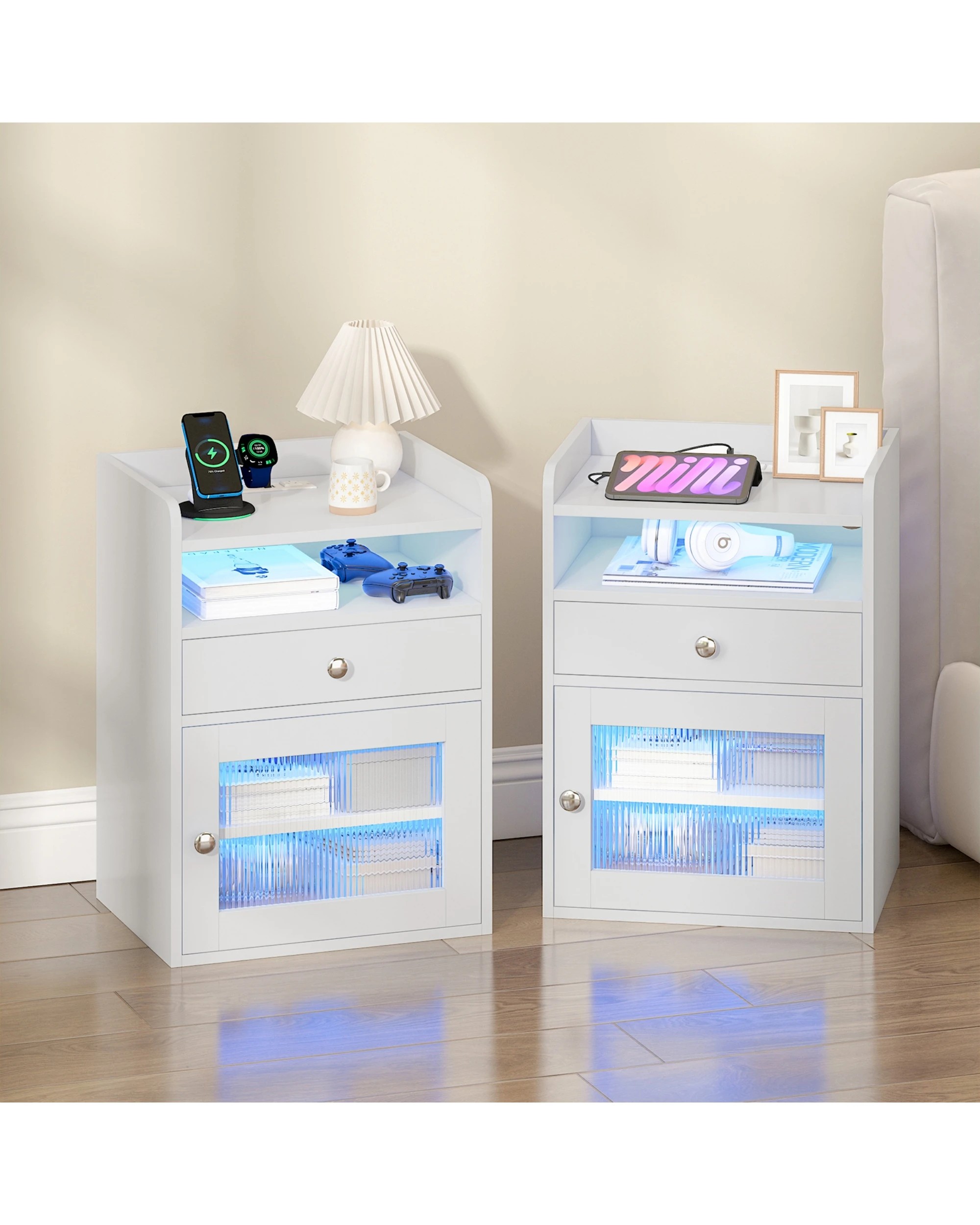 2 Advwin 2xBedside Table Acrylic Door With with Charging Station & LED Light - White, 2 of 8