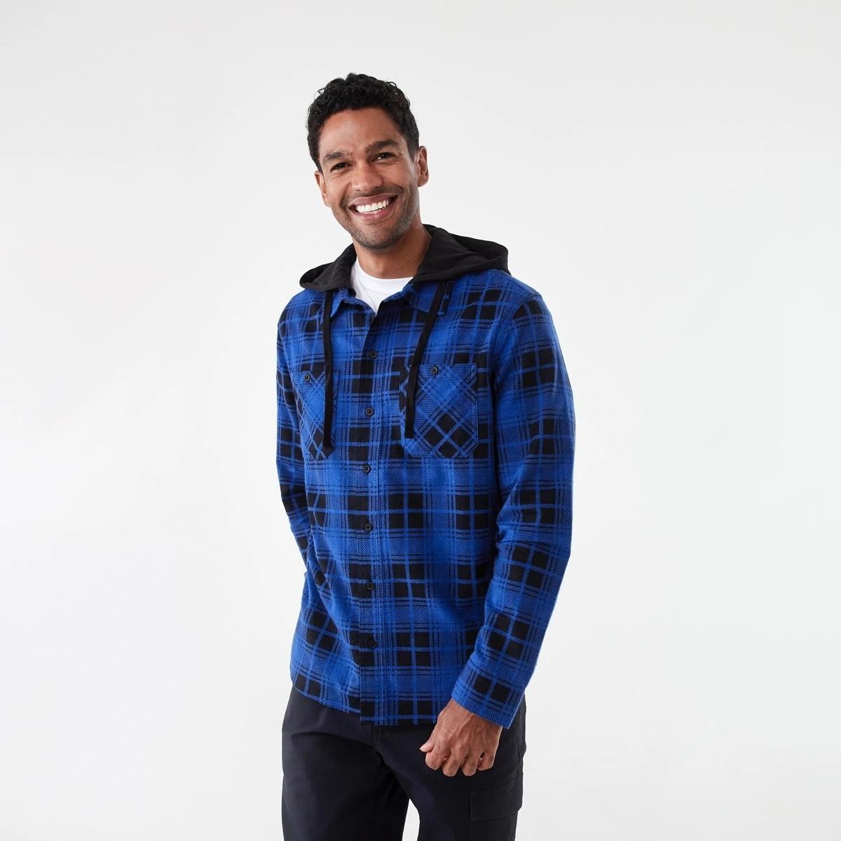 2 Workwear Long Sleeve Hooded Shirt Blu Check, 2 of 7