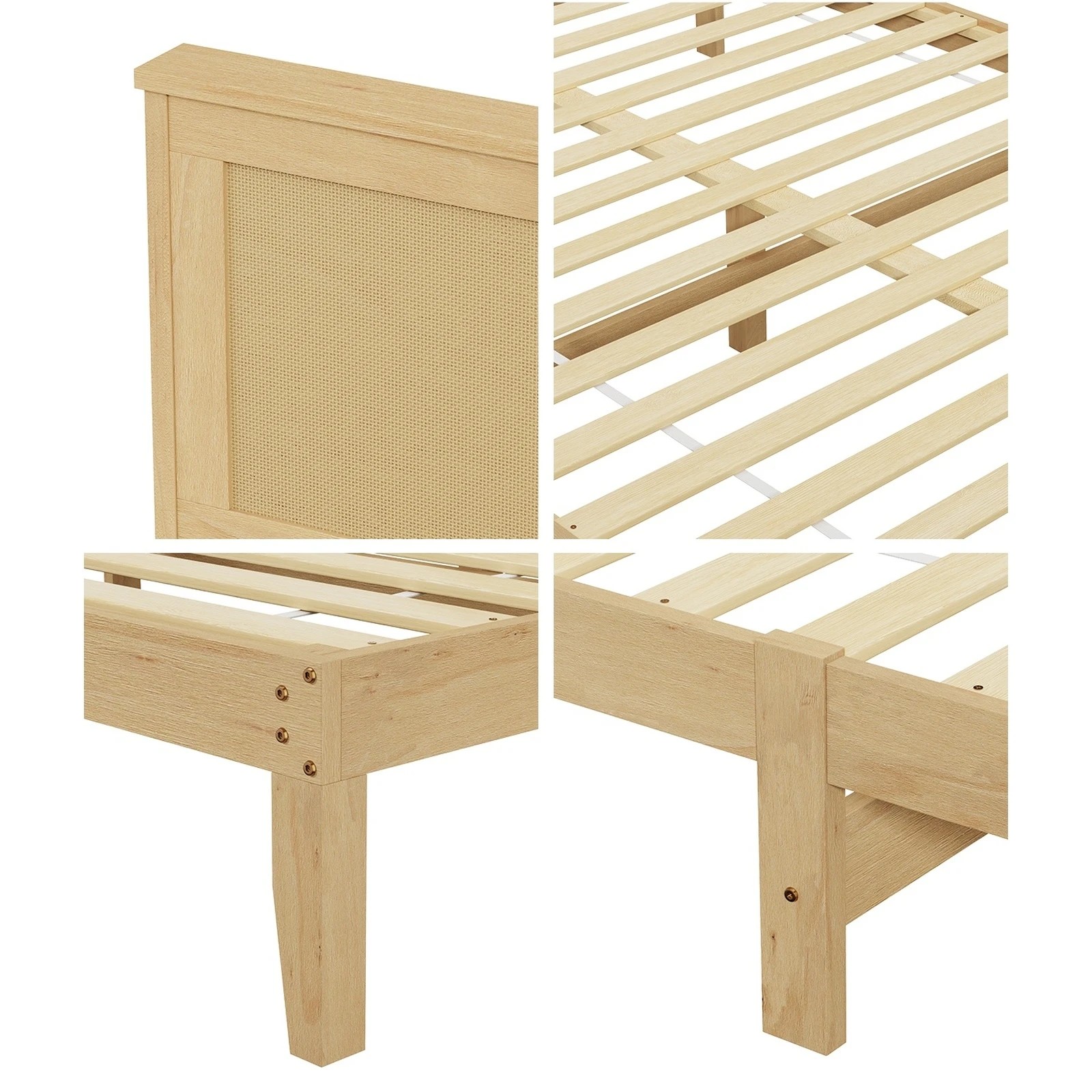 5 Oikiture Wooden Bed Frame Rattan Headboard Double - Double Bed - Natural, 5 of 10