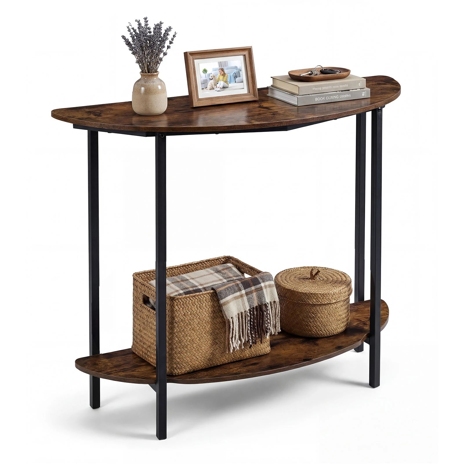 5 Costway Half-moon Console Table 2-Tier Storage Shelf Entryway Hallway - Brown, 5 of 6