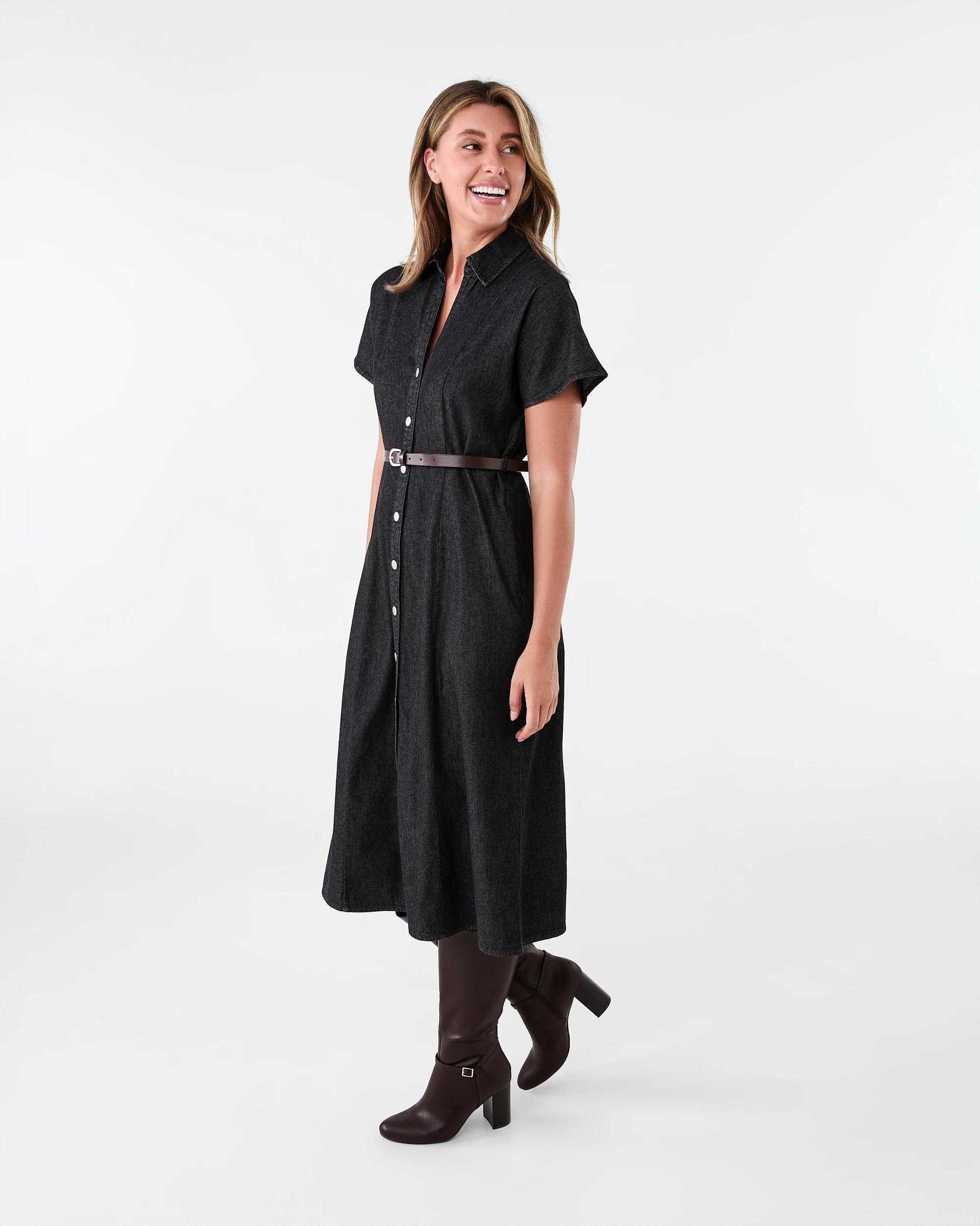 2 Short Sleeve Chambray Shirt Midi Dress Black Wash, 2 of 8