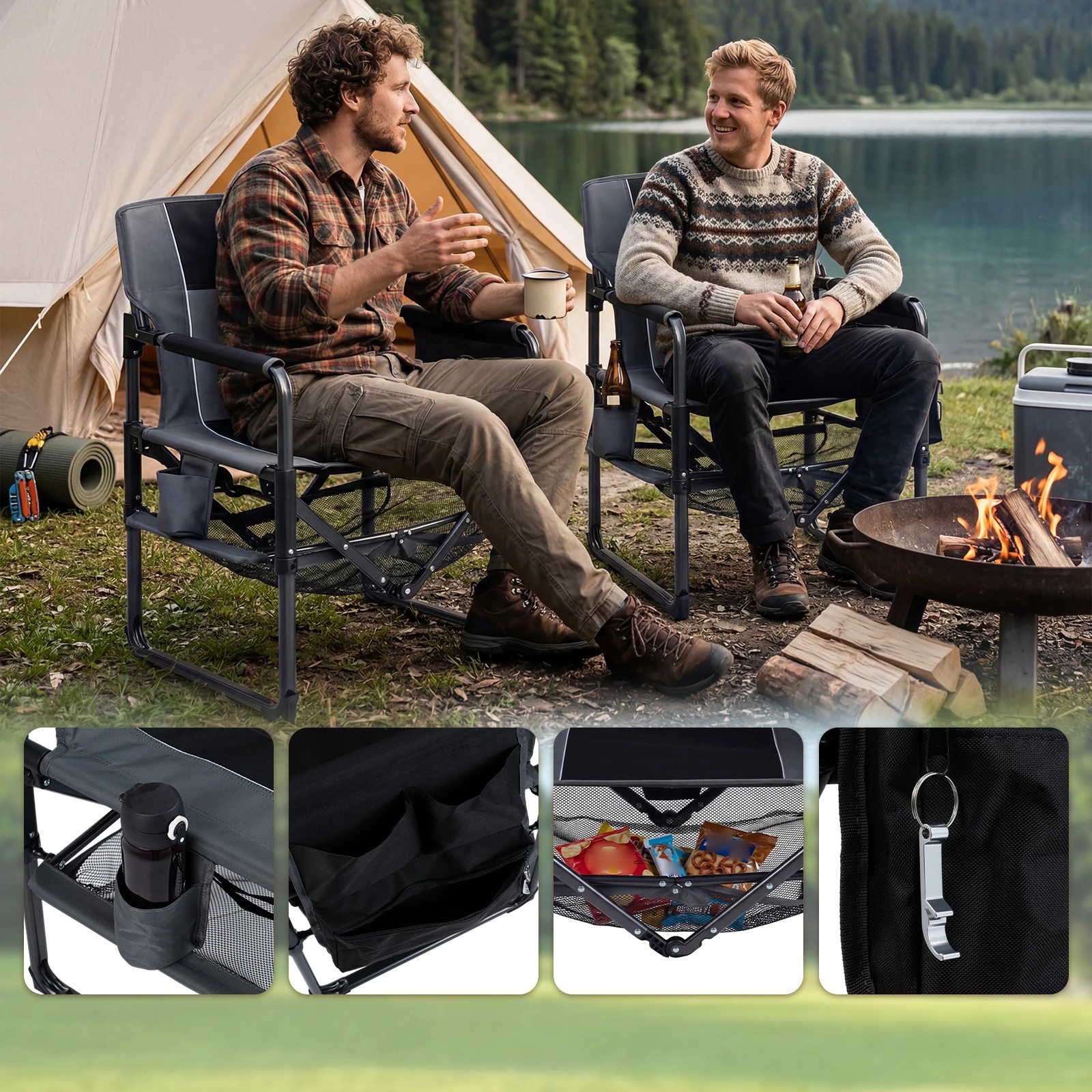 5 Costway Outdoor Camping Chair Folding Lawn Chair w/Cup Holder & Pocket Bottle - Black, 5 of 6