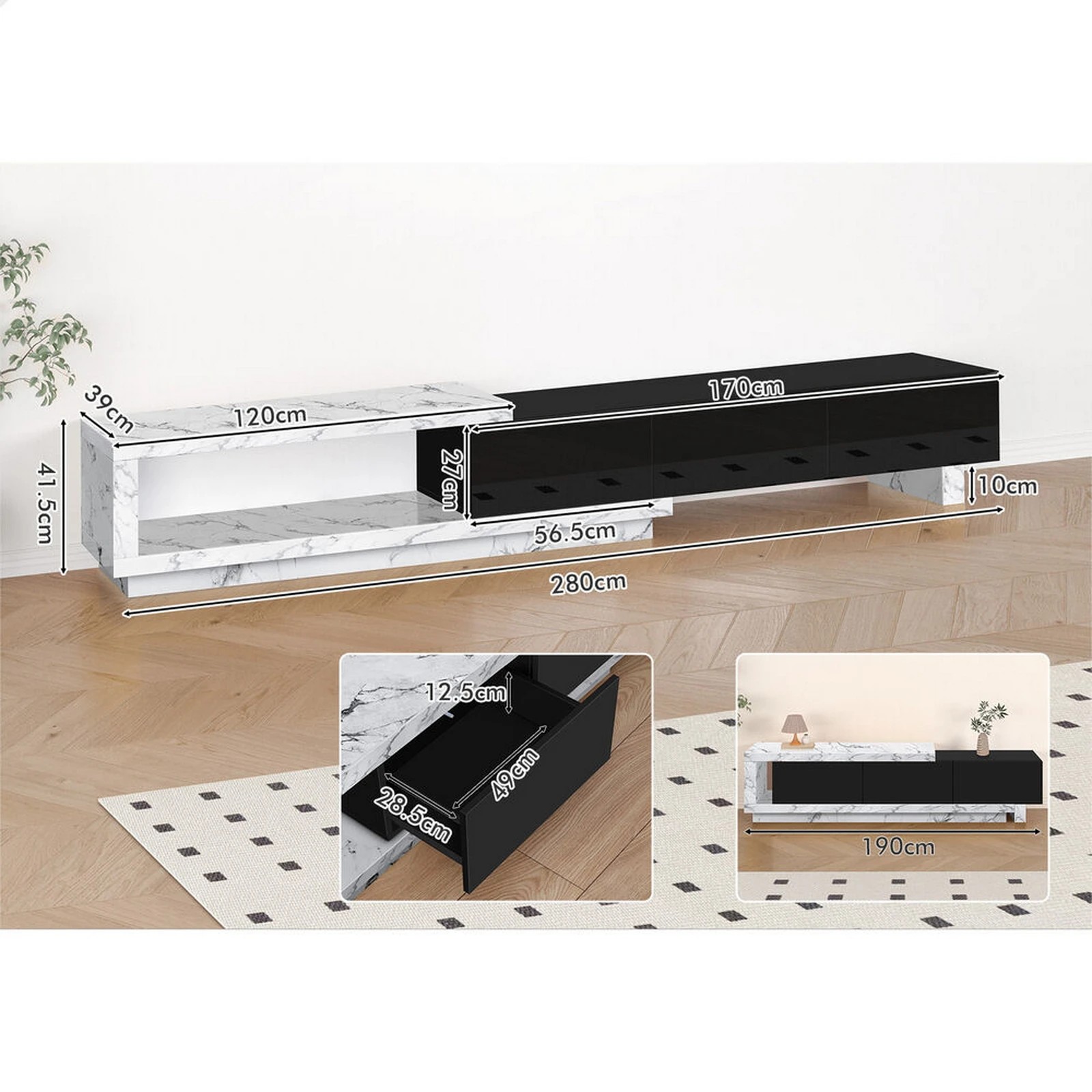 7 Alfordson 190-280cm Extendable Entertainment Unit TV Stand Cabinet Drawer - Marble Black, 7 of 9