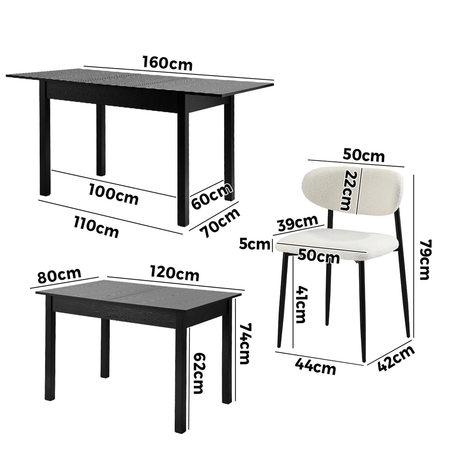 2 Oikiture 5pc Extenable Dining Table and Chairs Wooden Dining Set Boucle - Black, 2 of 9
