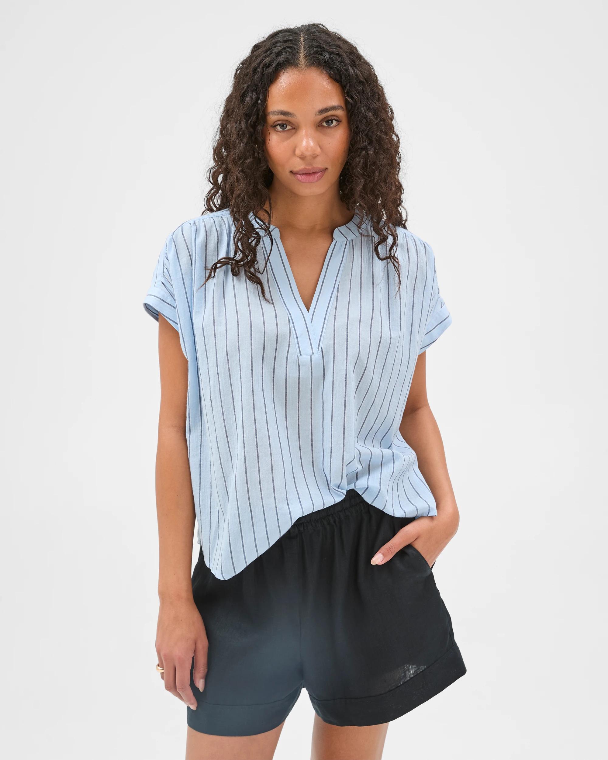 1 Target Woman Cotton Collared Popover Blouse MULTI STRIPE, 1 of 6