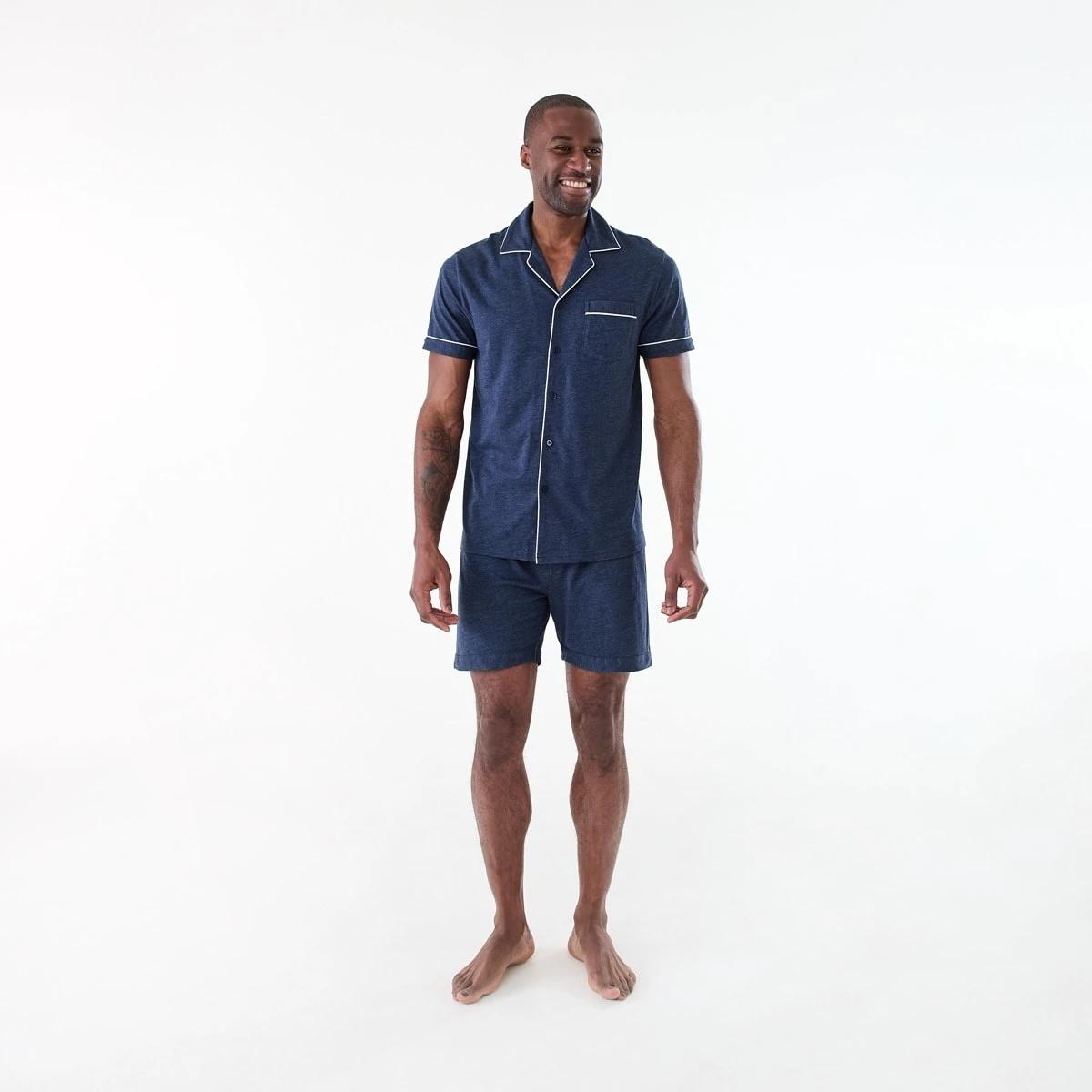 8 Short Sleeve Button Through Knit Pyjama Set NAVY MARLE, 8 of 8