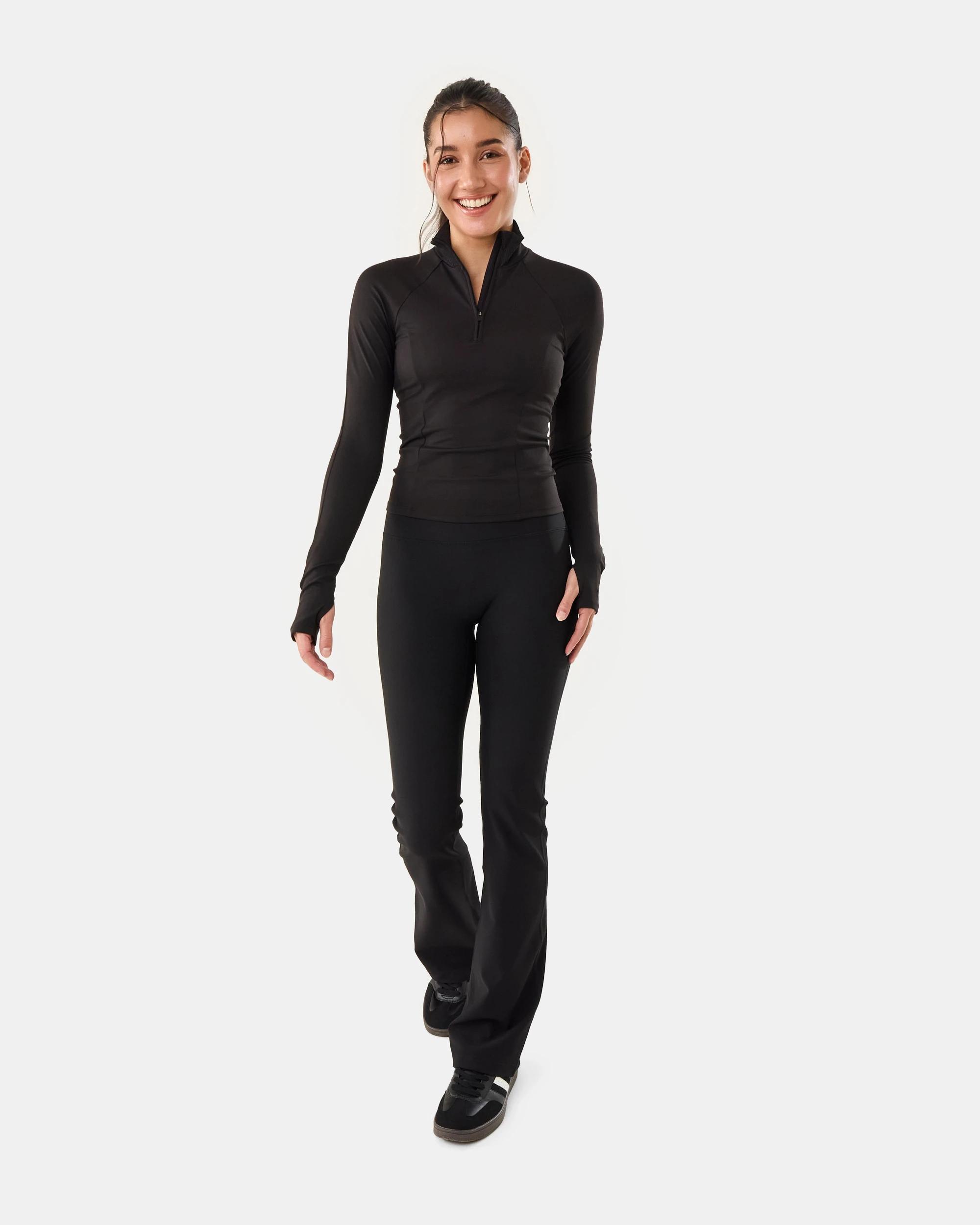 2 Active Womens Quarter Zip Rib Panel Long Sleeve Top Black, 2 of 7