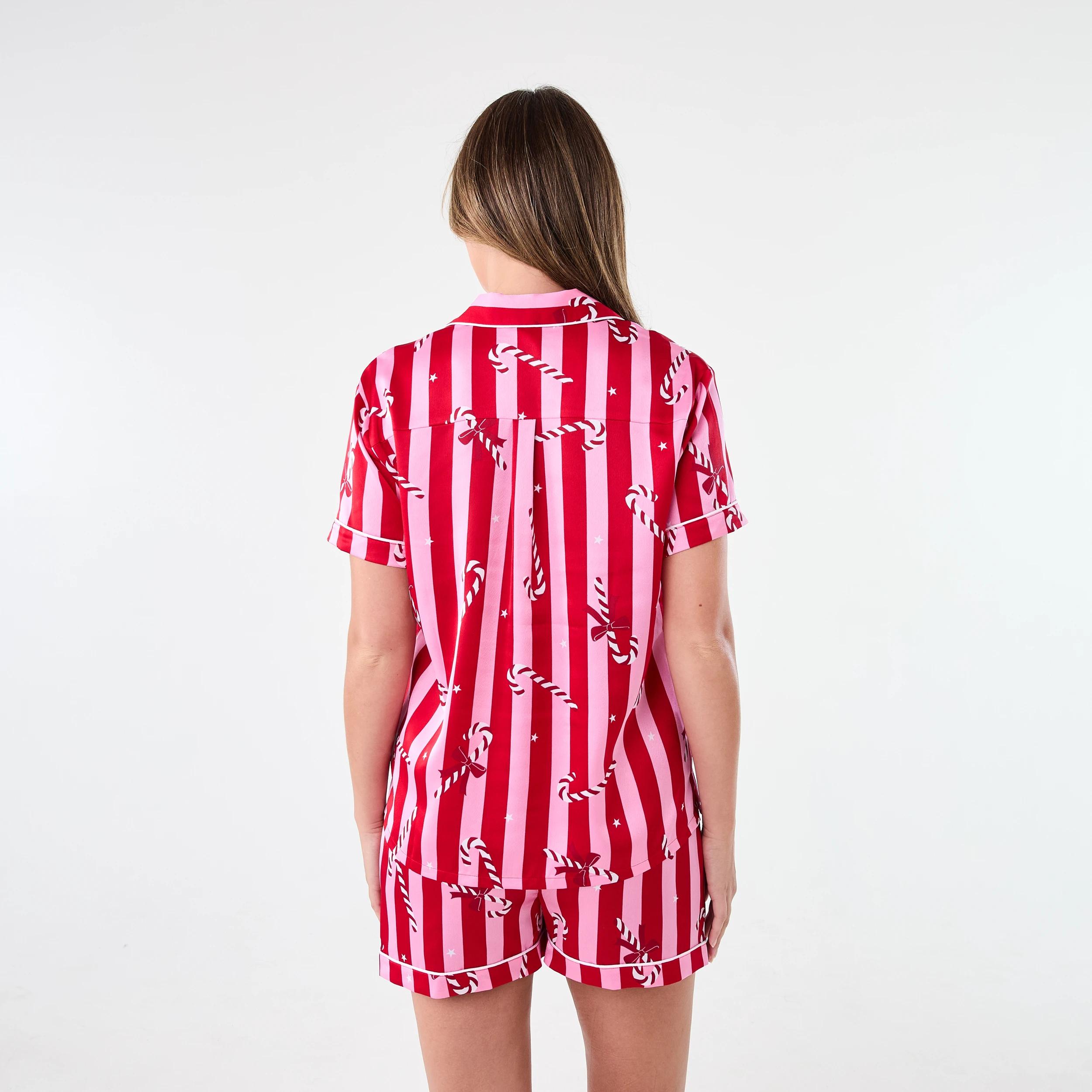 3 Short Sleeve Top and Shorts Christmas Satin Pyjama Set Red Stripe, 3 of 8