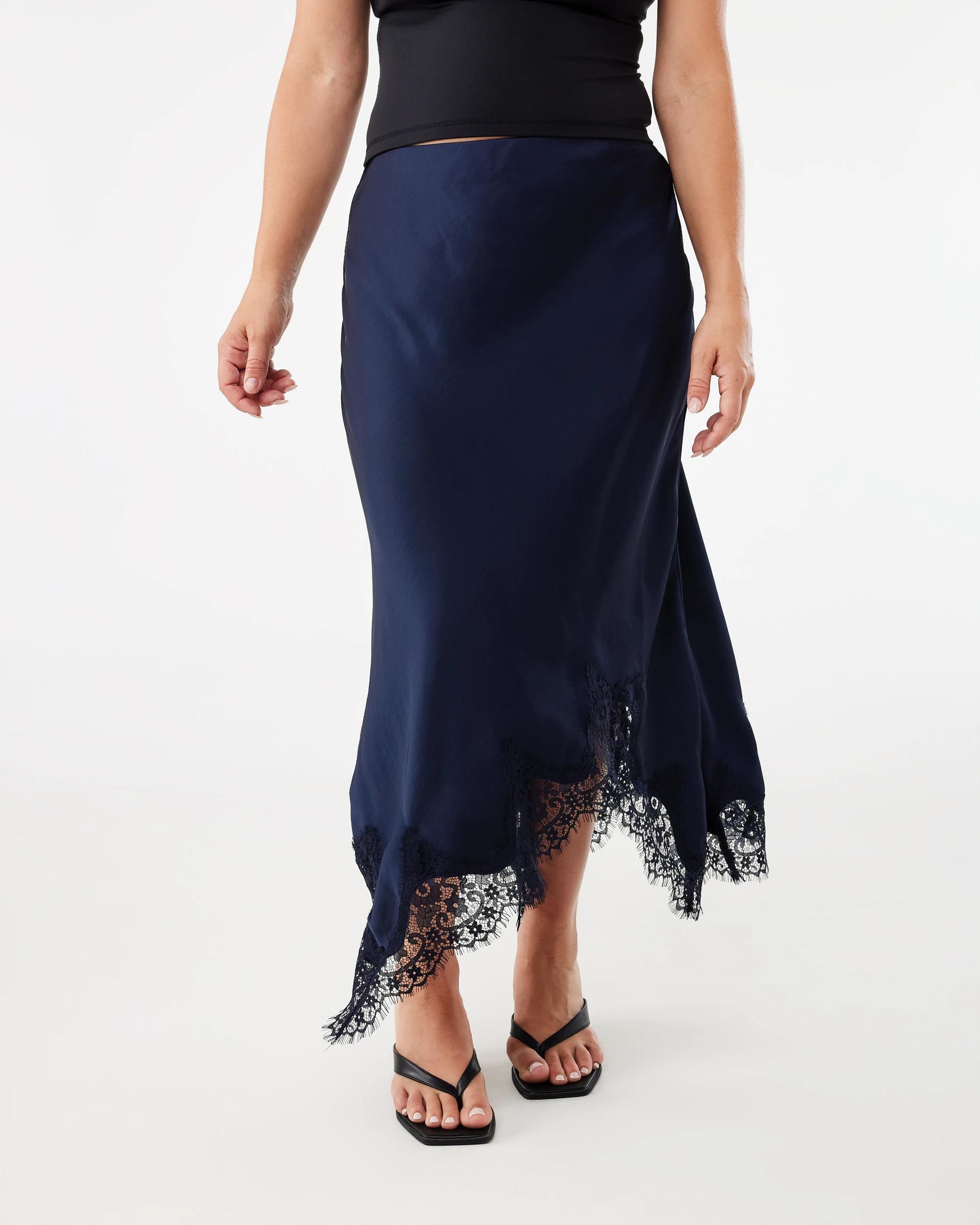 1 Satin Asymmetrical Lace Trim Skirt Navy Blaze, 1 of 4
