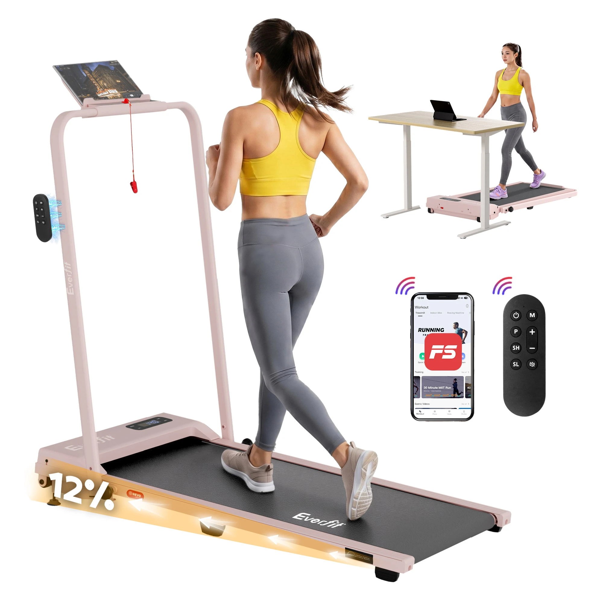 1 Everfit 3 in 1 Walking Pad Treadmill 12% Incline Under Desk Treadmills for Home - Pink, 1 of 10