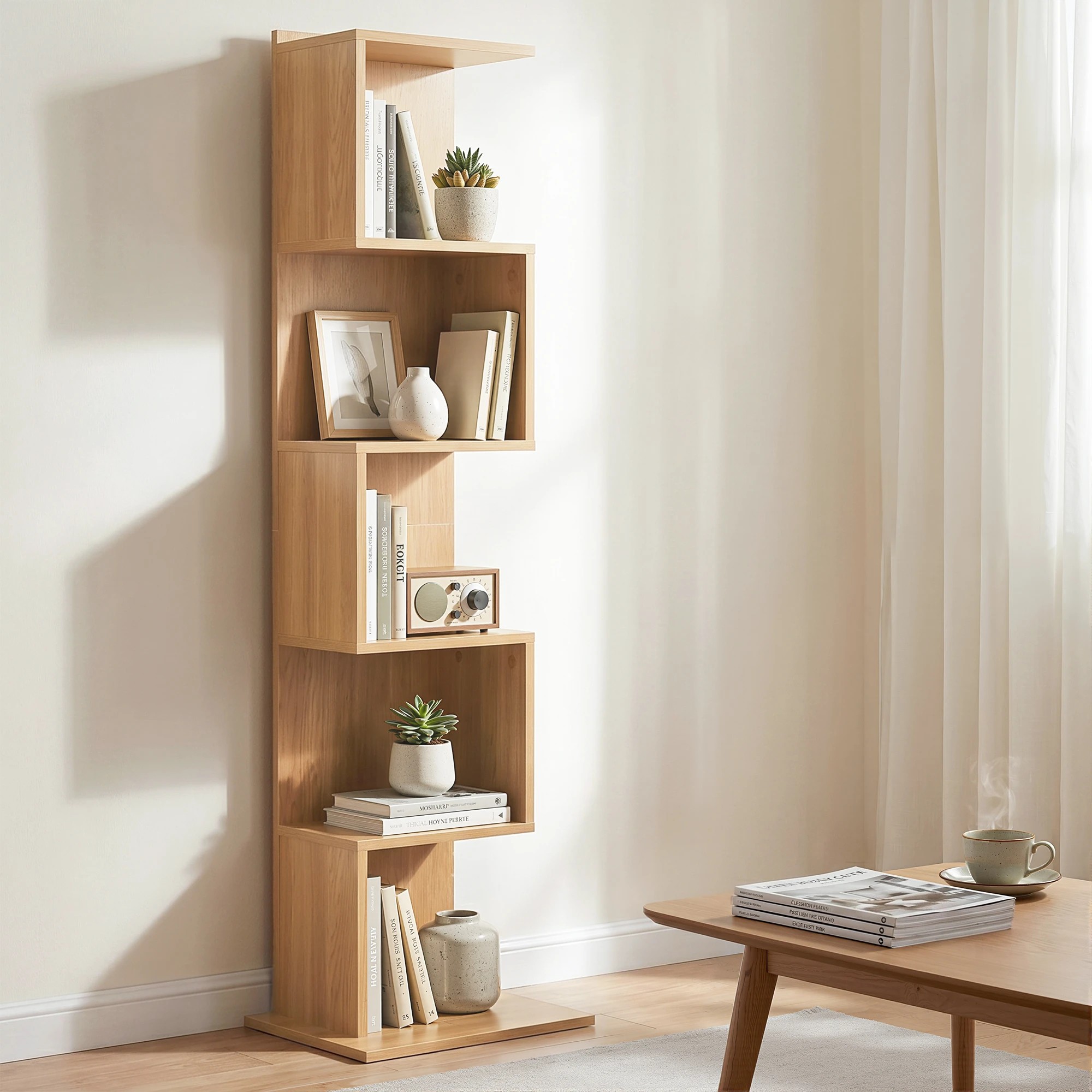 4 Artiss 5 Tiers Bookshelf S-shaped Bookcase - Natural, 4 of 7