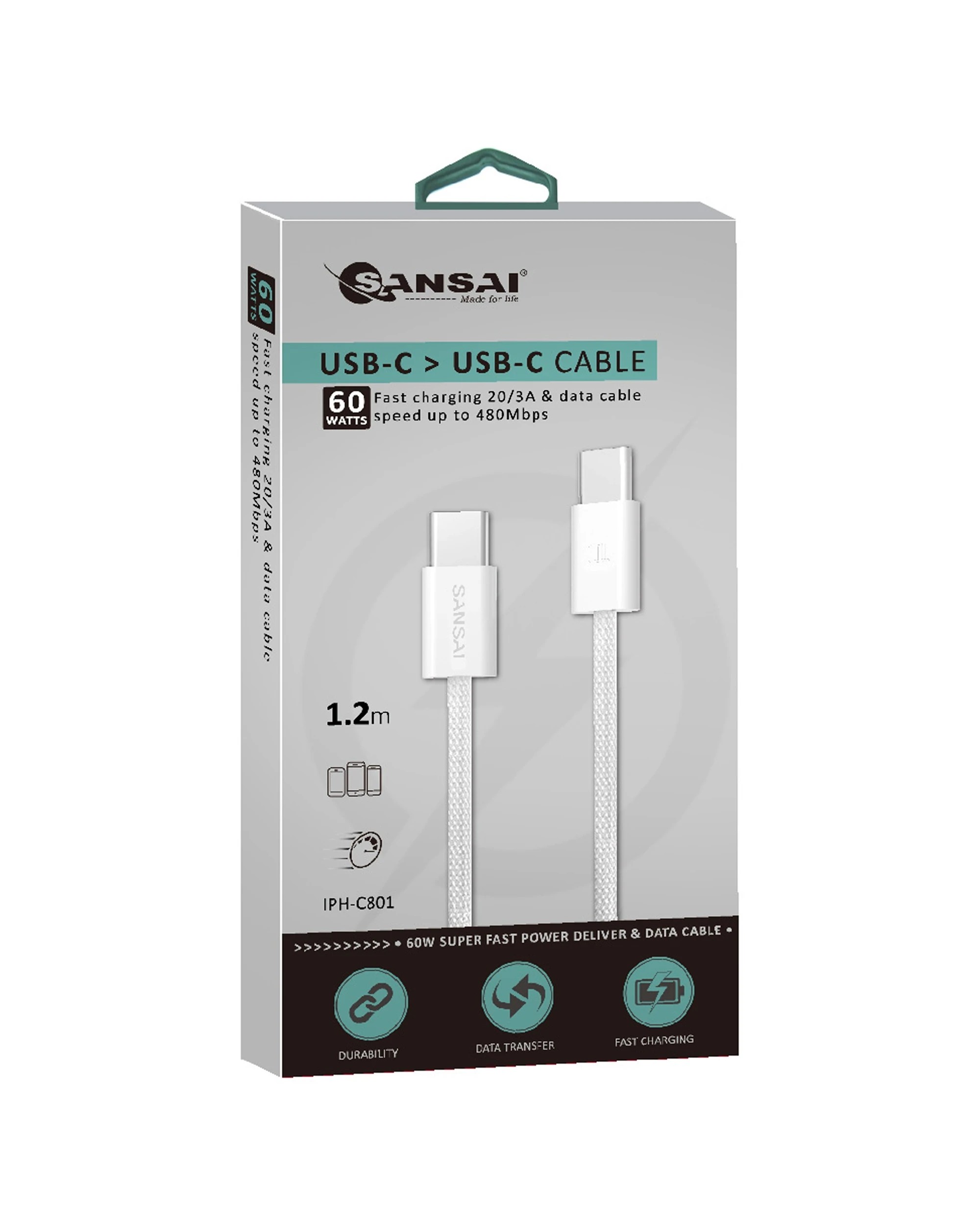 1 Sansai Type-C with High-Speed Charging and Data Transfer Cable 60W 1.2 m - White, 1 of 2