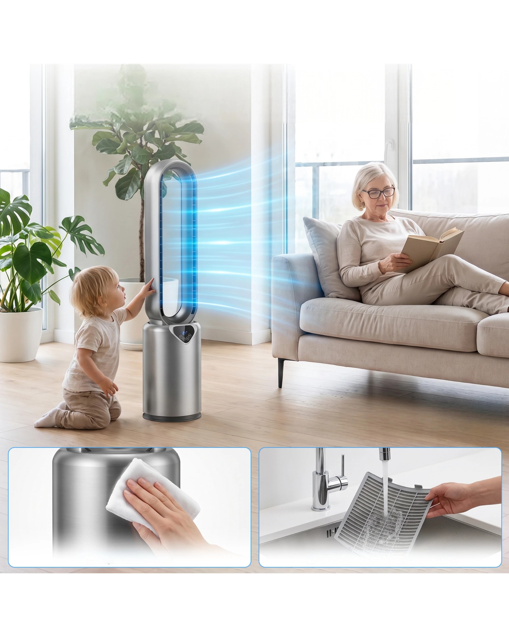 4 Advwin Bladeless Tower Fan with Air Purification Filter 24 Speeds 70° Oscillation 12H Timer Remote - Grey, 4 of 8