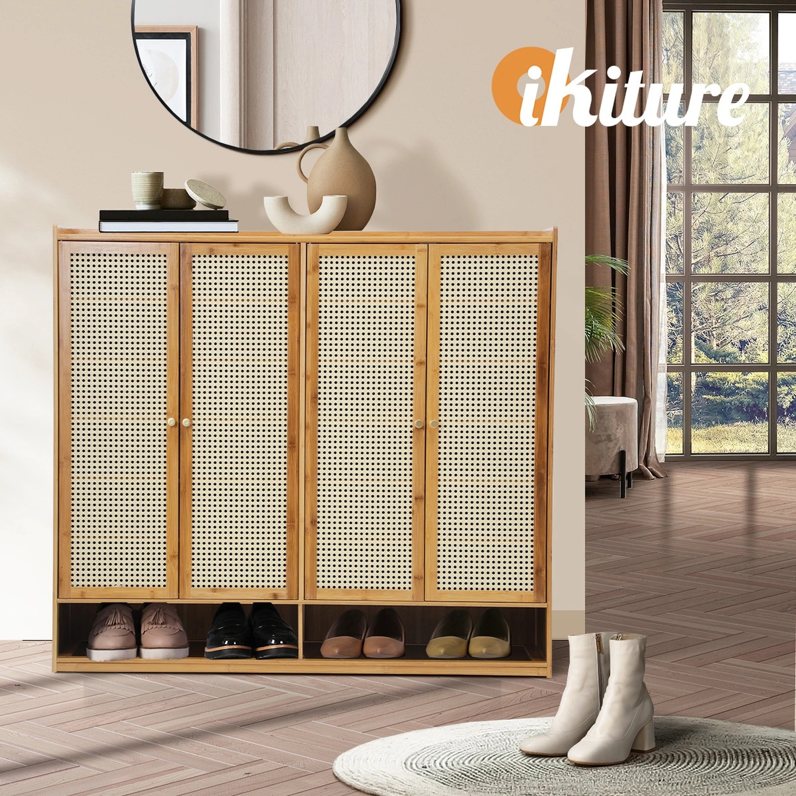 5 Oikiture Shoe Storage Cabinet Shoes Rack Organiser Shelf 4 Doors Rattan
 - Natural, 5 of 8