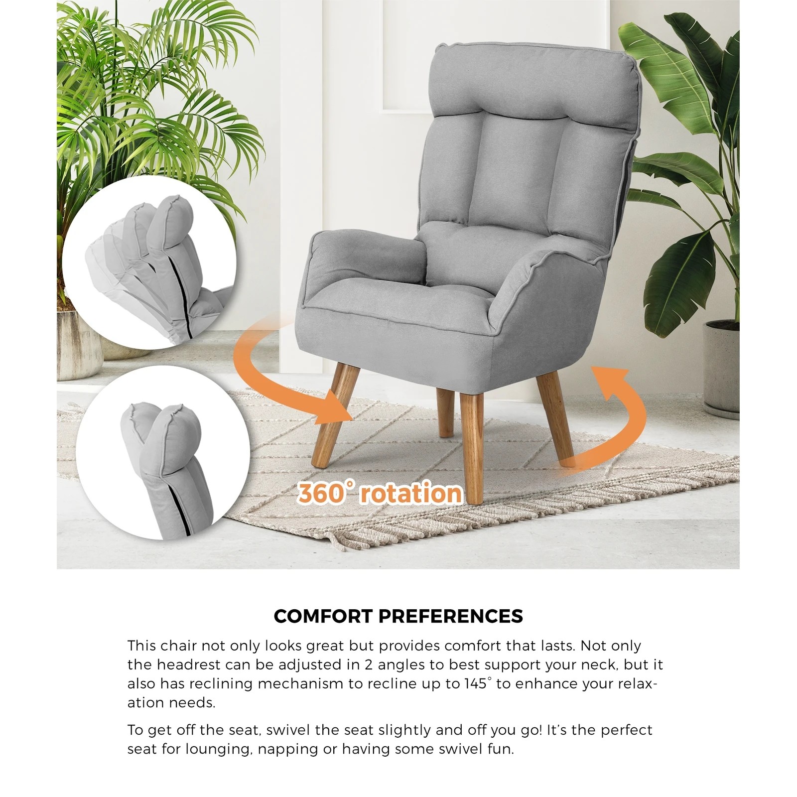 4 Oikiture Swivel Recliner Armchair Lounge Ottoman Accent Chair With Stool
 - Grey, 4 of 9