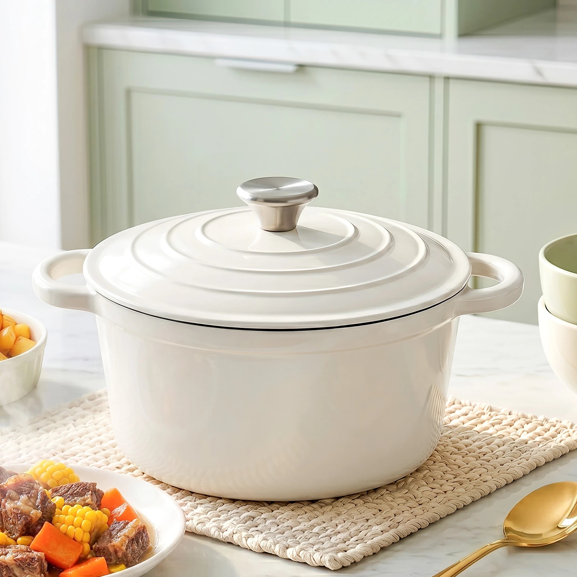 9 5-Star Chef 3.8L Enameled Cast Iron Dutch Oven Pot with Lid for Sourdough Bread Baking - White, 9 of 9