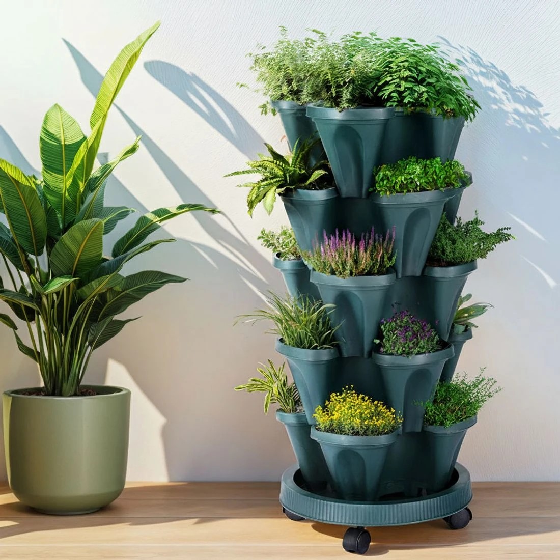 7 Green Fingers Garden Bed 5 Tier Vertical Garden Strawberry Stackable Planters Herbs Petunias - Green, 7 of 7