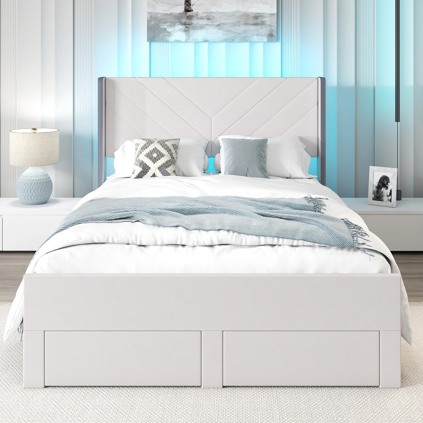 3 Costway Queen Bed Frame RGB LED Lights Platform Bed Velvet Upholstered Headboard, 3 of 4