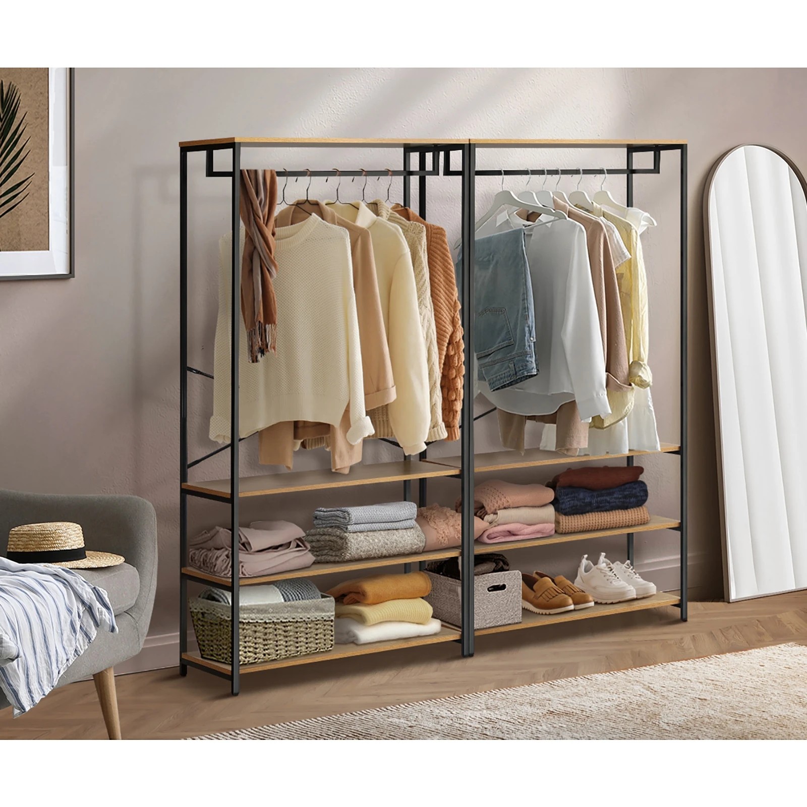 3 Oikiture Clothes Rack Open Wardrobe Garment Coat Hanging Rail Metal 4 Shelves
 - Multi, 3 of 10