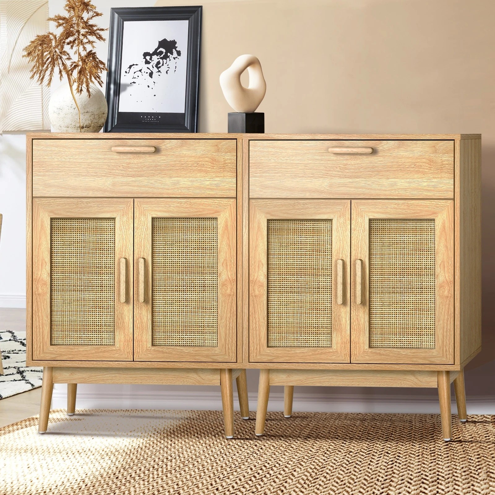 3 Oikiture 2x Buffet Sideboard Rattan Cupboard Cabinet - Natural, 3 of 9