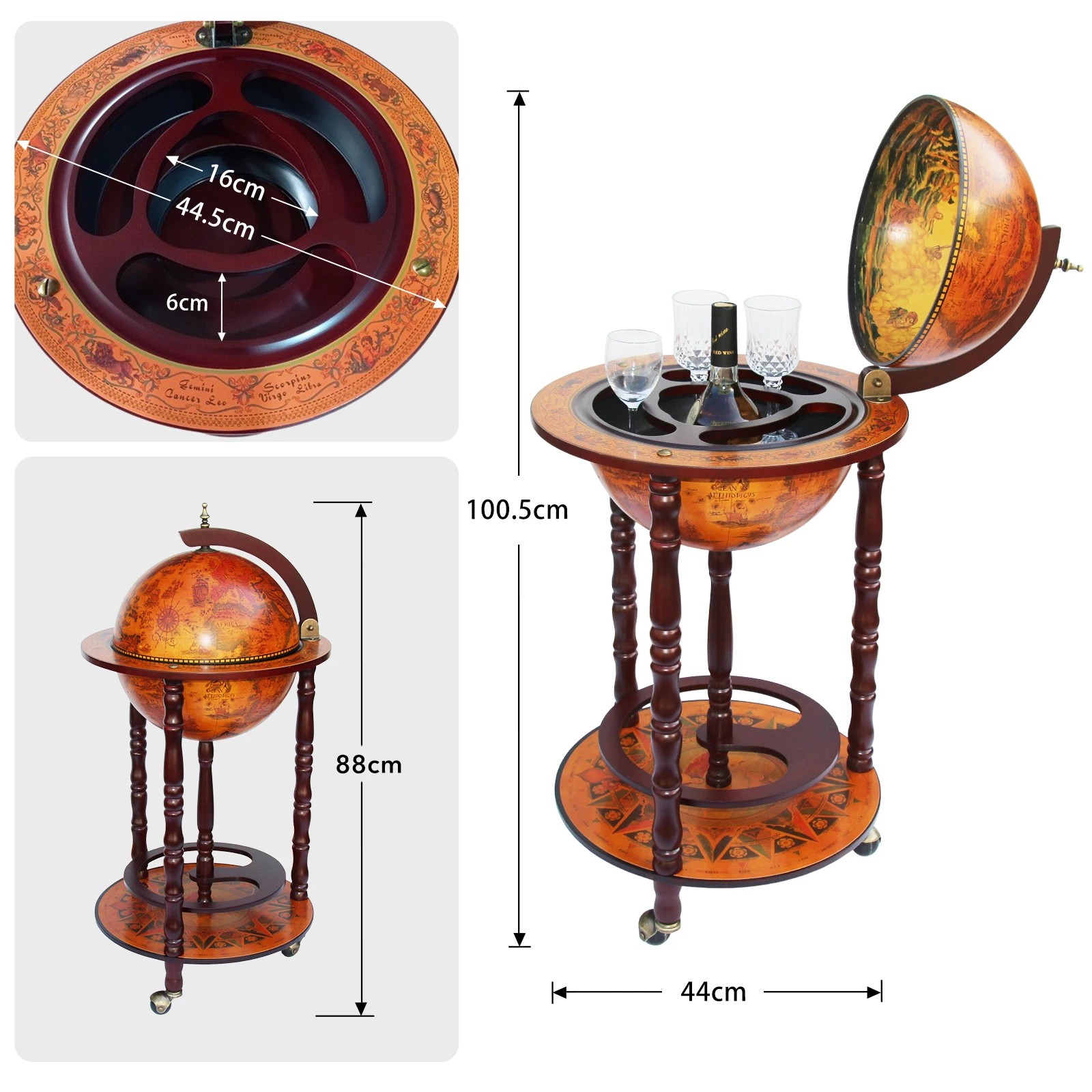 3 LUXSUITE Antique Globe Bar Cart Cabinet Alcohol Wine Drinks Coffee Serving Trolley Round Bottle Storage Mid-century, 3 of 8
