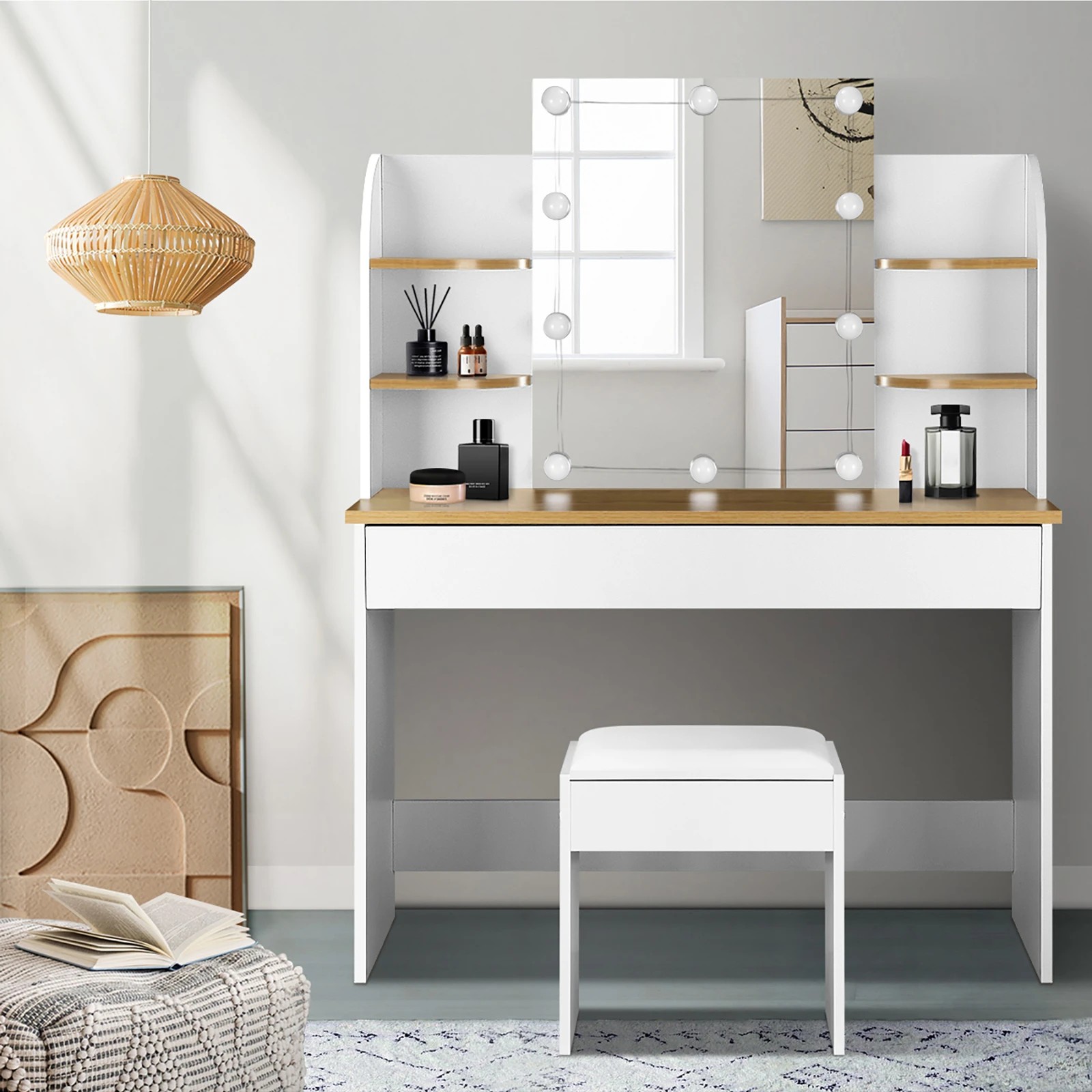 3 Oikiture Dressing Table Stool Set Makeup Mirror Storage Drawer 10led Bulbs
 - White, 3 of 9