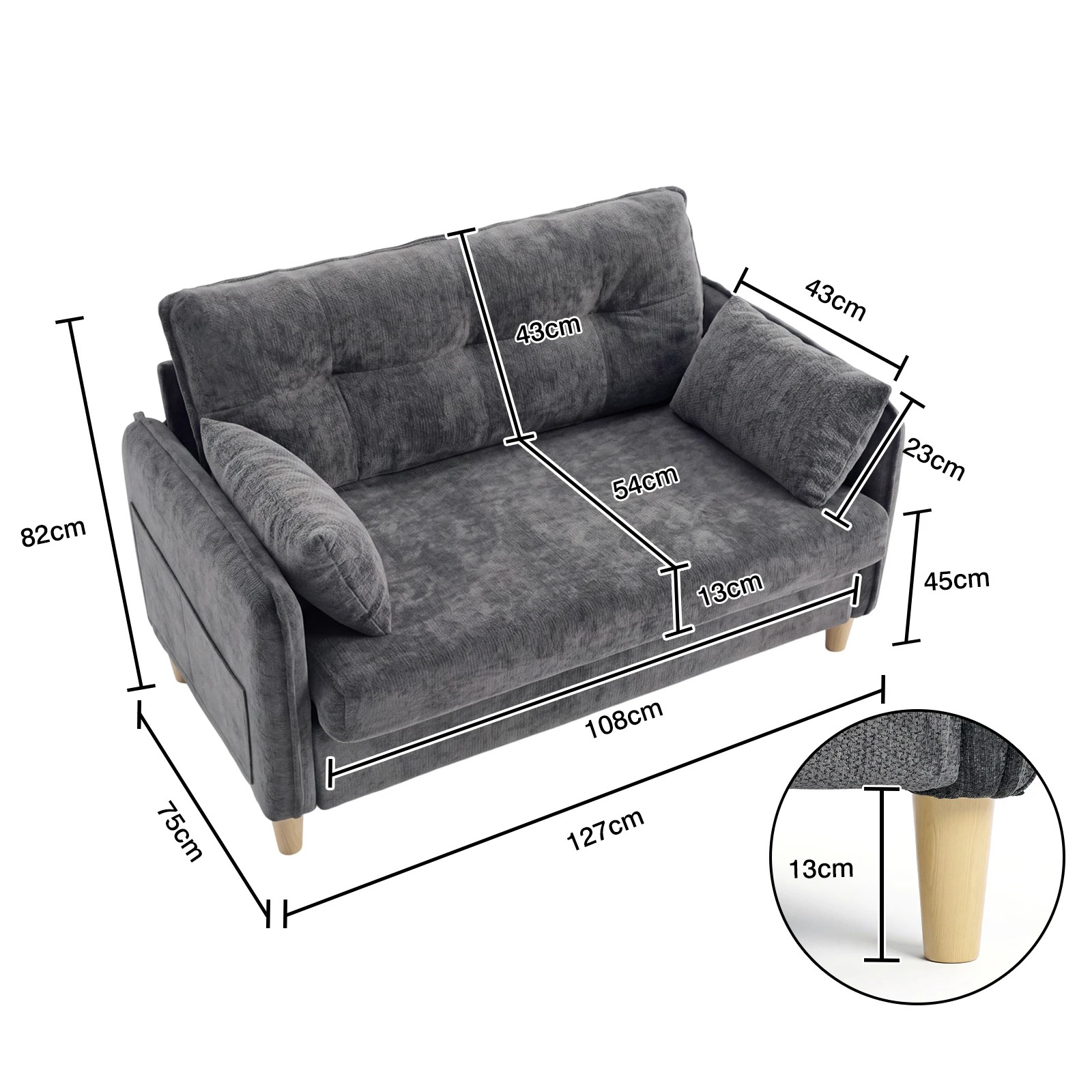 2 Advwin Loveseat Sofa 127cm 2-Seater Chenille Fabric Button Tufted Upholstered Small Couch - Grey, 2 of 8