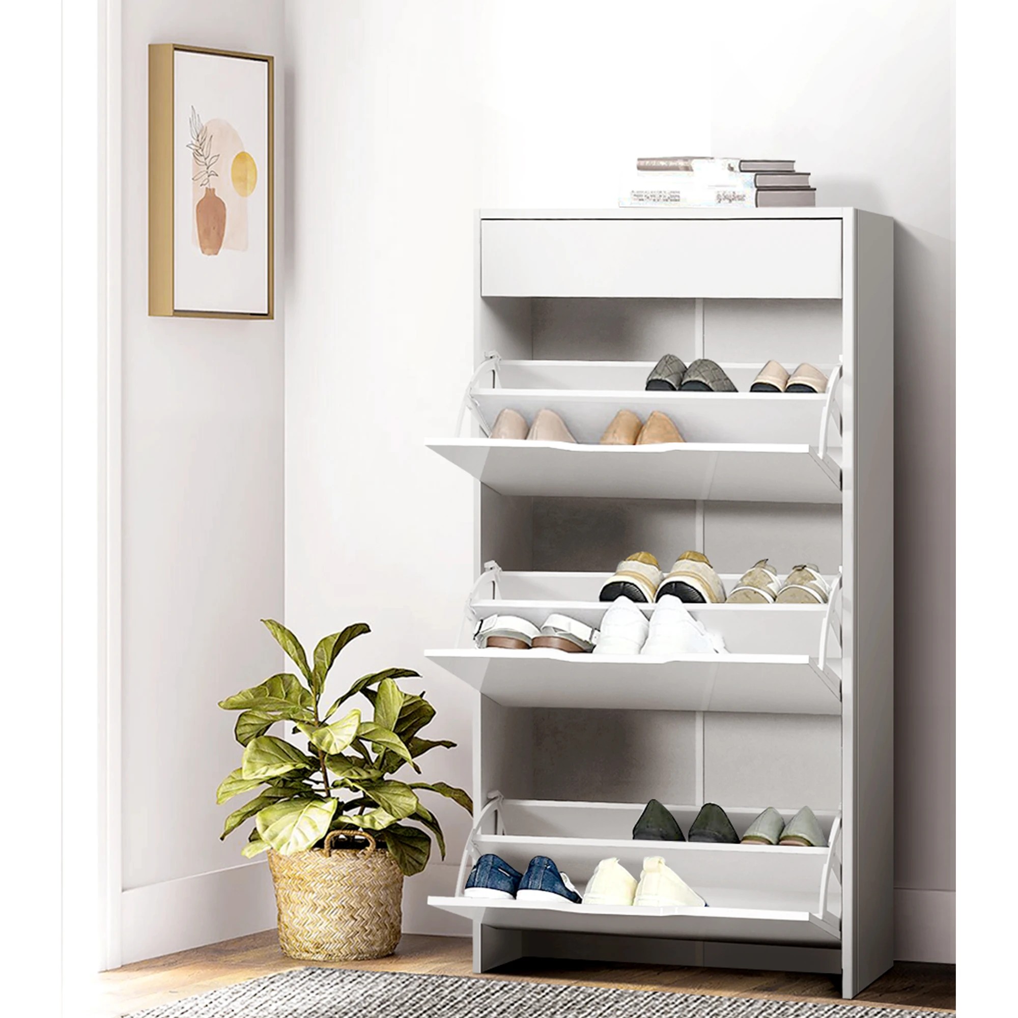 3 Artiss 2x Shoe Cabinet Organiser 3 Flip Drawer Adjustable Shelf High Gloss - White, 3 of 8